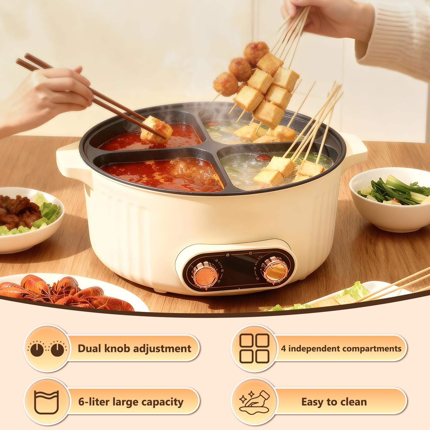 Four Grid Multifunctional Stew Pot, Electric Hot Pot 4 Compartment Divider Cooker, 6L Large Capacity Electric Slow Cooker, 1800W Integrated Non-Stick Hot Pots, for Home Party
