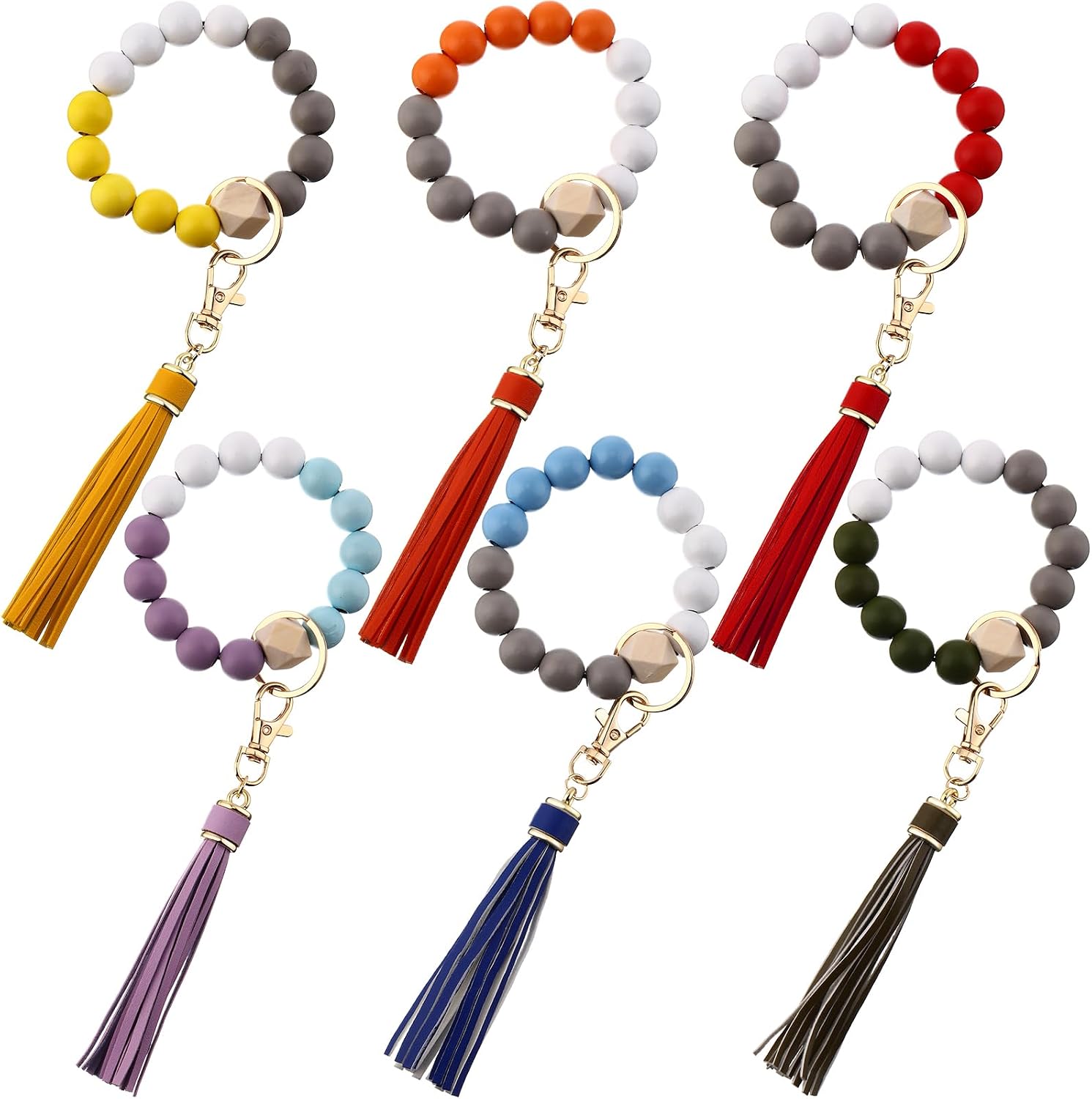 Kigeli 6 Pcs Wristlet Keychain for Women, Wood Boho Bead Key Ring Bracelet with Tassel for Summer Pool Lake Vacation