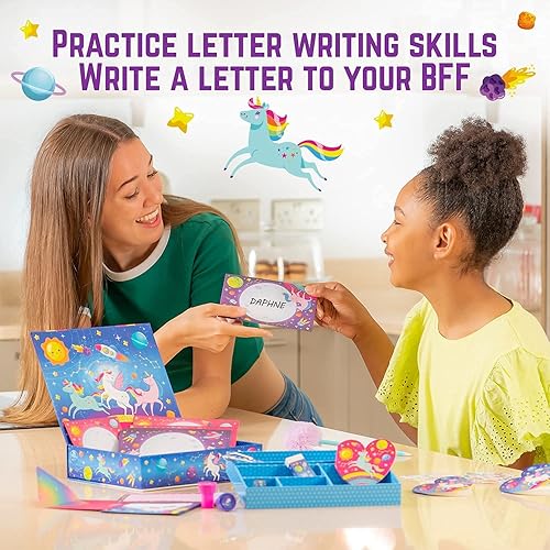 Miniatura 5 de GirlZone Unicorn Cosmic Galaxy - Juego de escritura para niñas, kit de escritura de letras de 45 piezas para niñas creativas, regalo mágico de