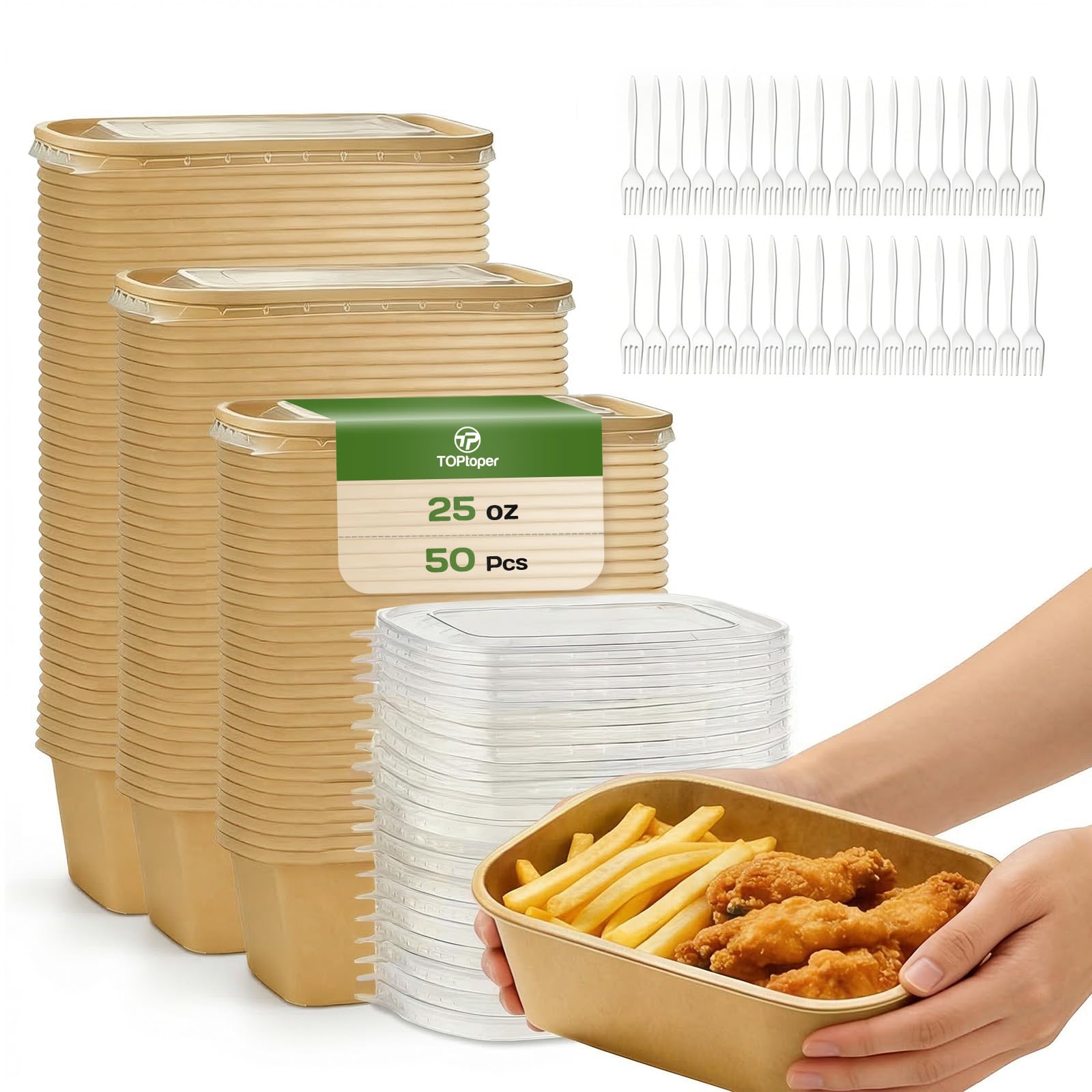 TOPtoper 50 Pack 25 OZ Disposable Meal Prep Containers with Lids and Forks