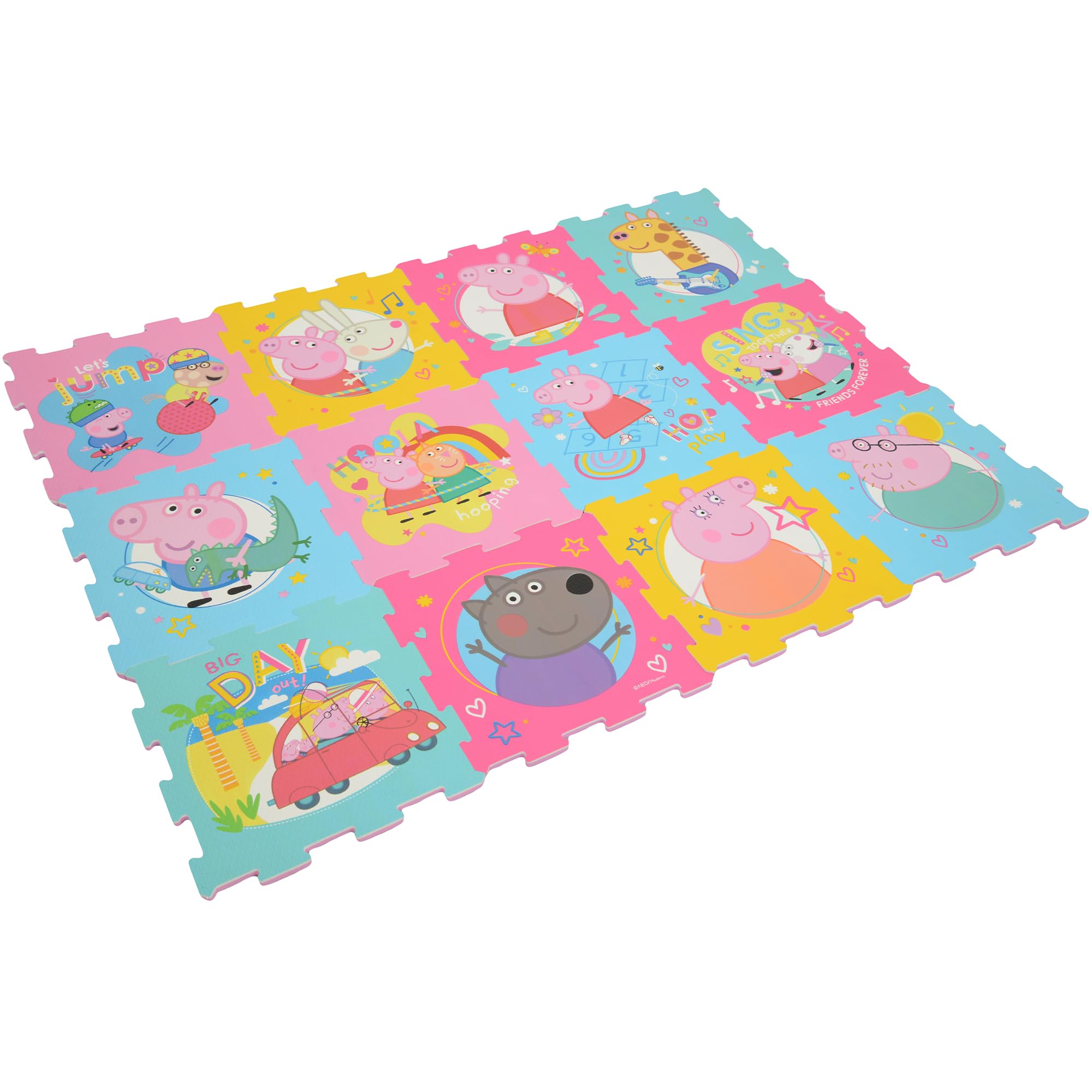 Peppa Pig Schaumstoff-Spielmatten | Weiche Baby Kleinkind Bodenmatte Fliesen für Laufstall, Bauchzeit | 10 mm dick ineinandergreifende 12-teilige Matte für Kinder