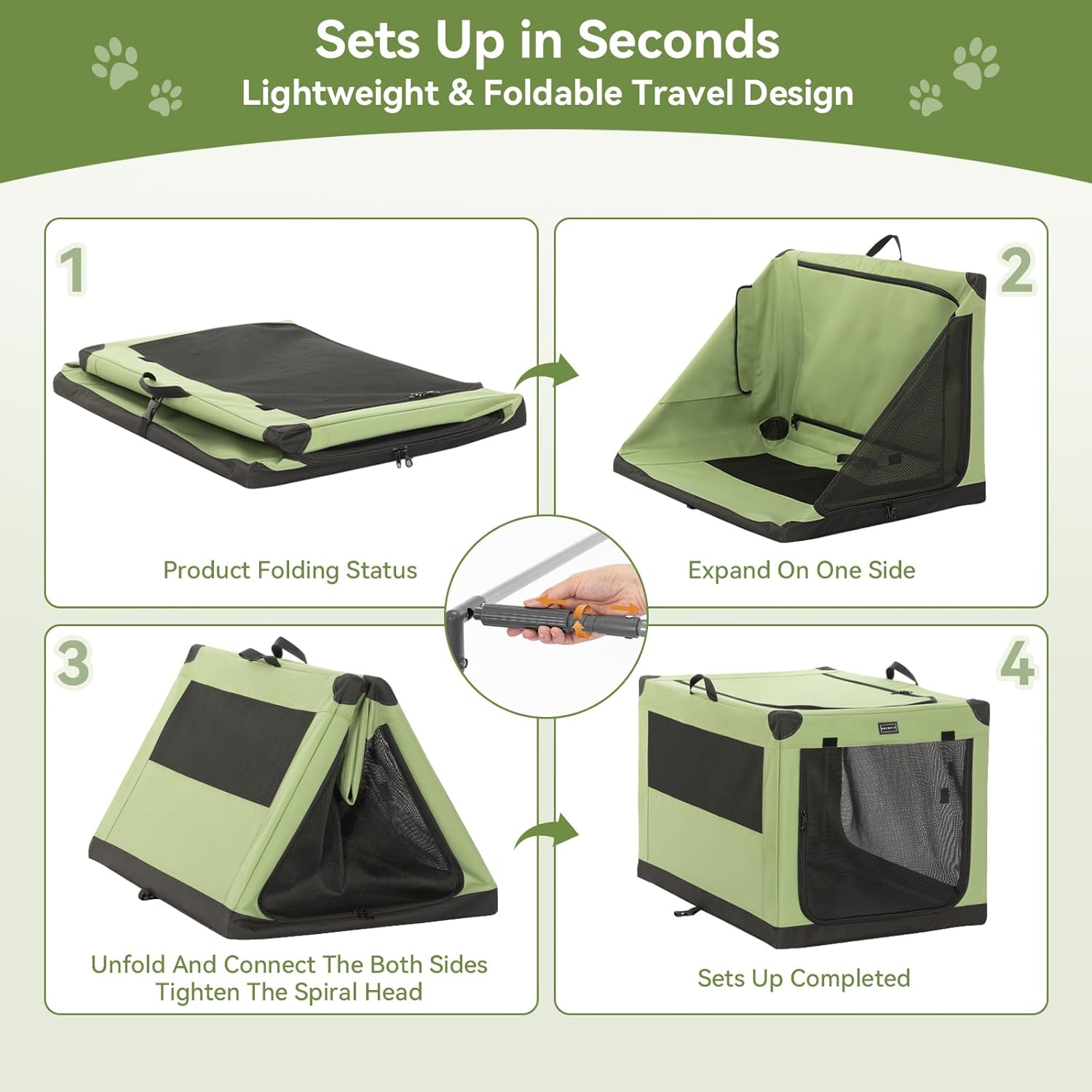 PETSFIT 26" Soft Portable Dog Crate – Patented Spiral Sturdy Frame, Collapsible Travel Kennel for Small Dogs, 3 Mesh Door, Lockable Zippers, Indoor & Car Use Green