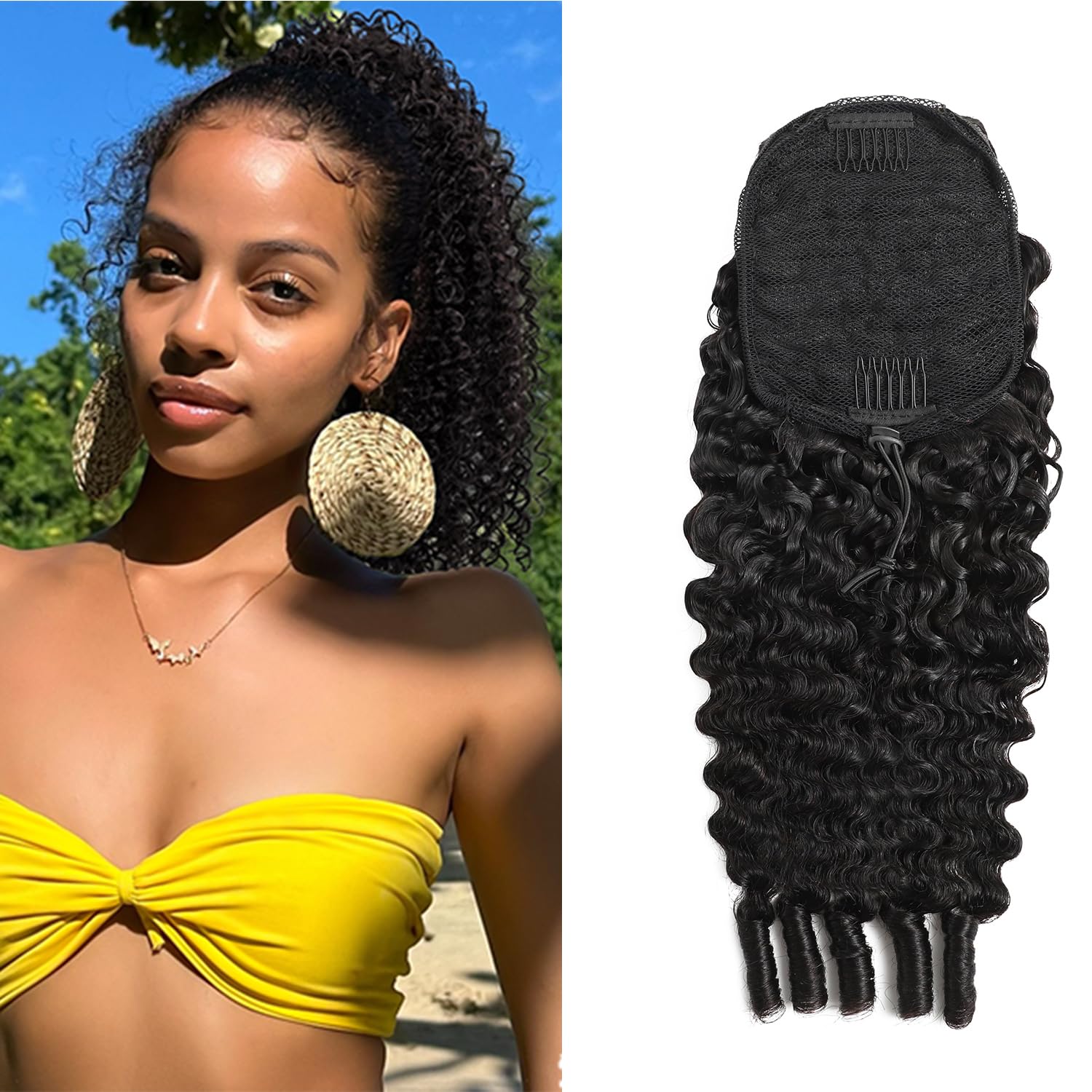 Burmese Curly Ponytail Extensions Human Hair 3C4A Curly Unprocessed Human Hair Ponytail for Women Clip Ins Drawstring Hair Pieces with Spiral Curls 12 Inch Natural Black