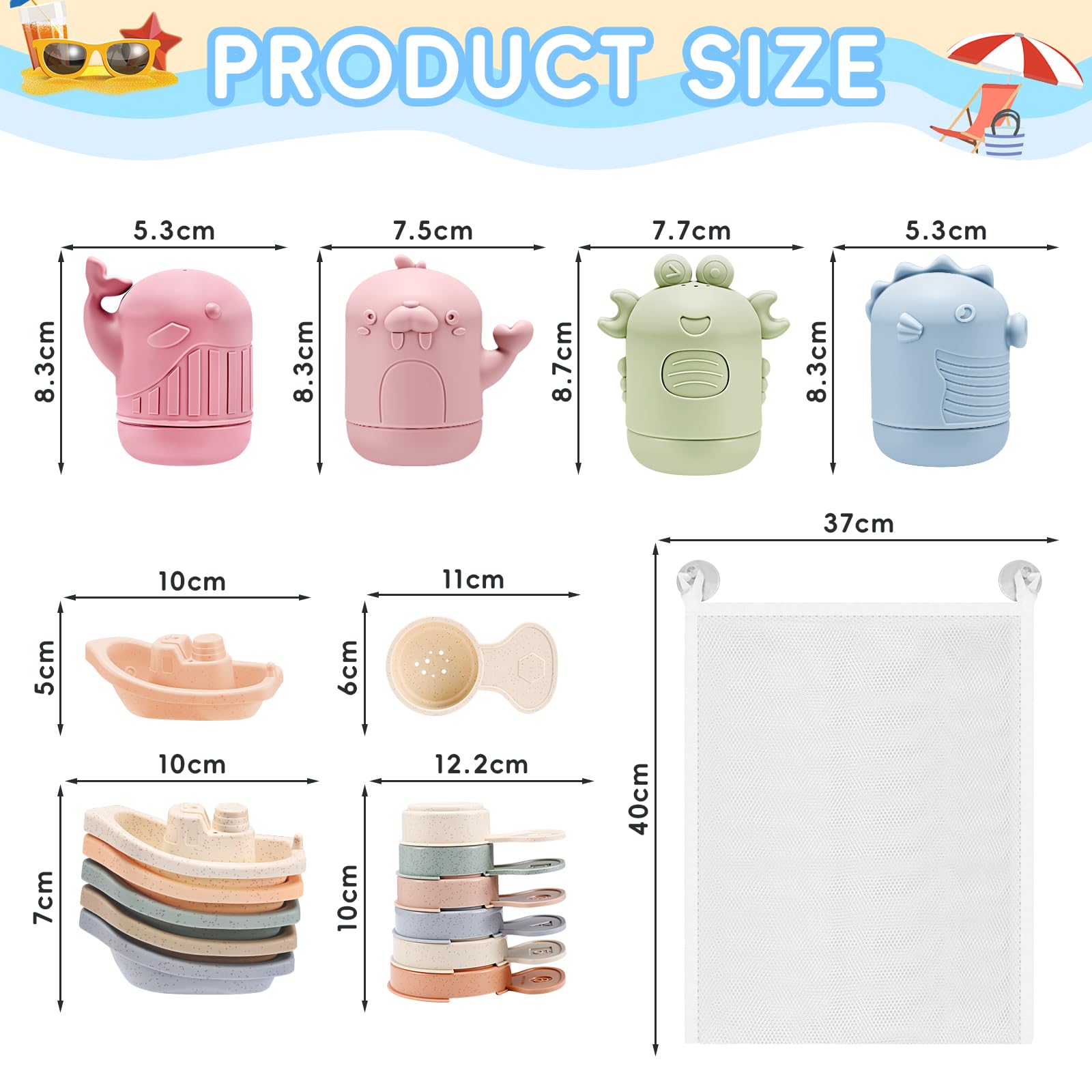16 Pezzi Giochi da Bagno,Giochi per il bagnetto,Giocattolo da Bagnetto per Bambini,Giocattoli Animali in Silicone con barchette da bagno impilabili e cucchiaio,per Vasca da Bagno e Piscina