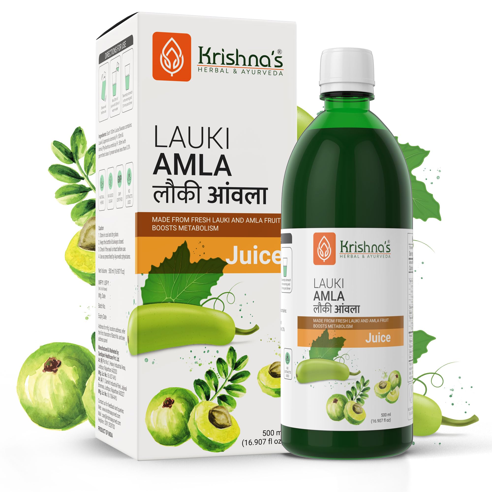 krishna's herbal & ayurveda Krishna's Lauki Amla Juice - 500 ml | Fresh Lauki and Cold Pressed Amla Juice | Strengthens Digestive System| Helpful in sugar levels-picture-22