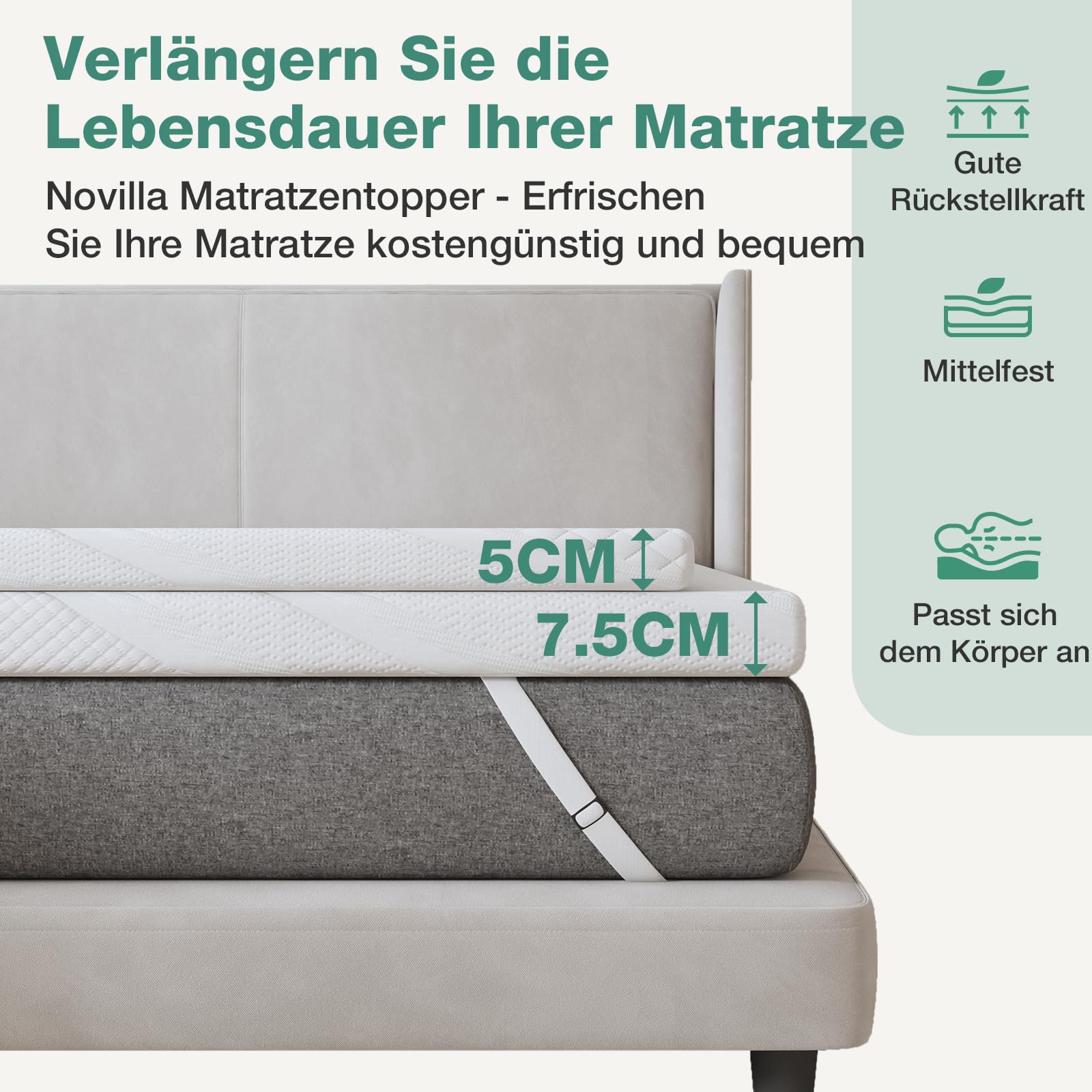 Novilla Materac nawierzchniowy 90 x 200 cm, wysokość 5 cm, nakładka żelowa z pianki memory, nakładka na łóżko kontynentalne, do przyczepy kempingowej, sofy do spania, poszewka nadaje się do prania,
