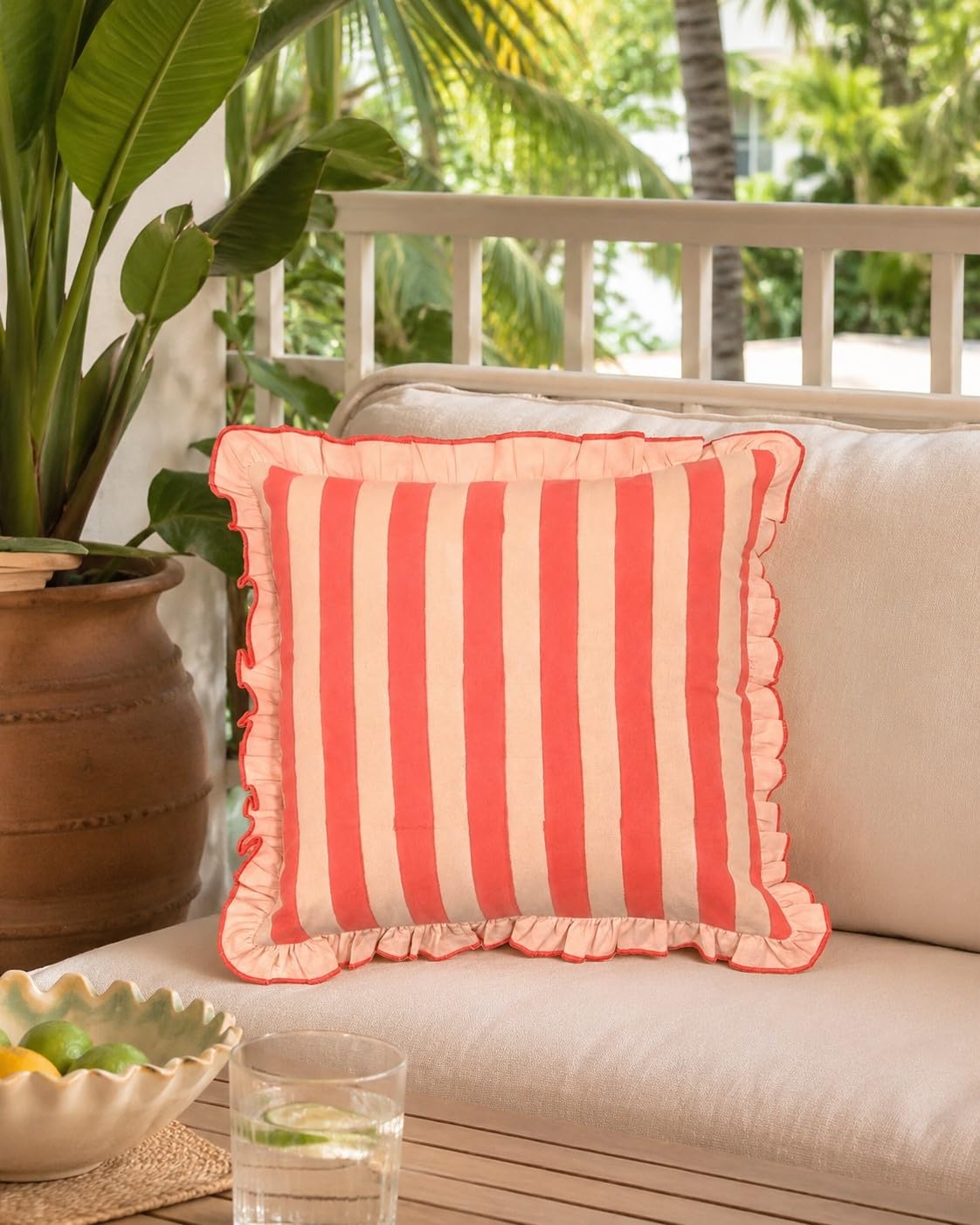 Pink Decor 'Saanjh' Block Printed Striped Cushion Cover (16x16 Inch) (40x40 Cm) (Red and Peach)-image-9