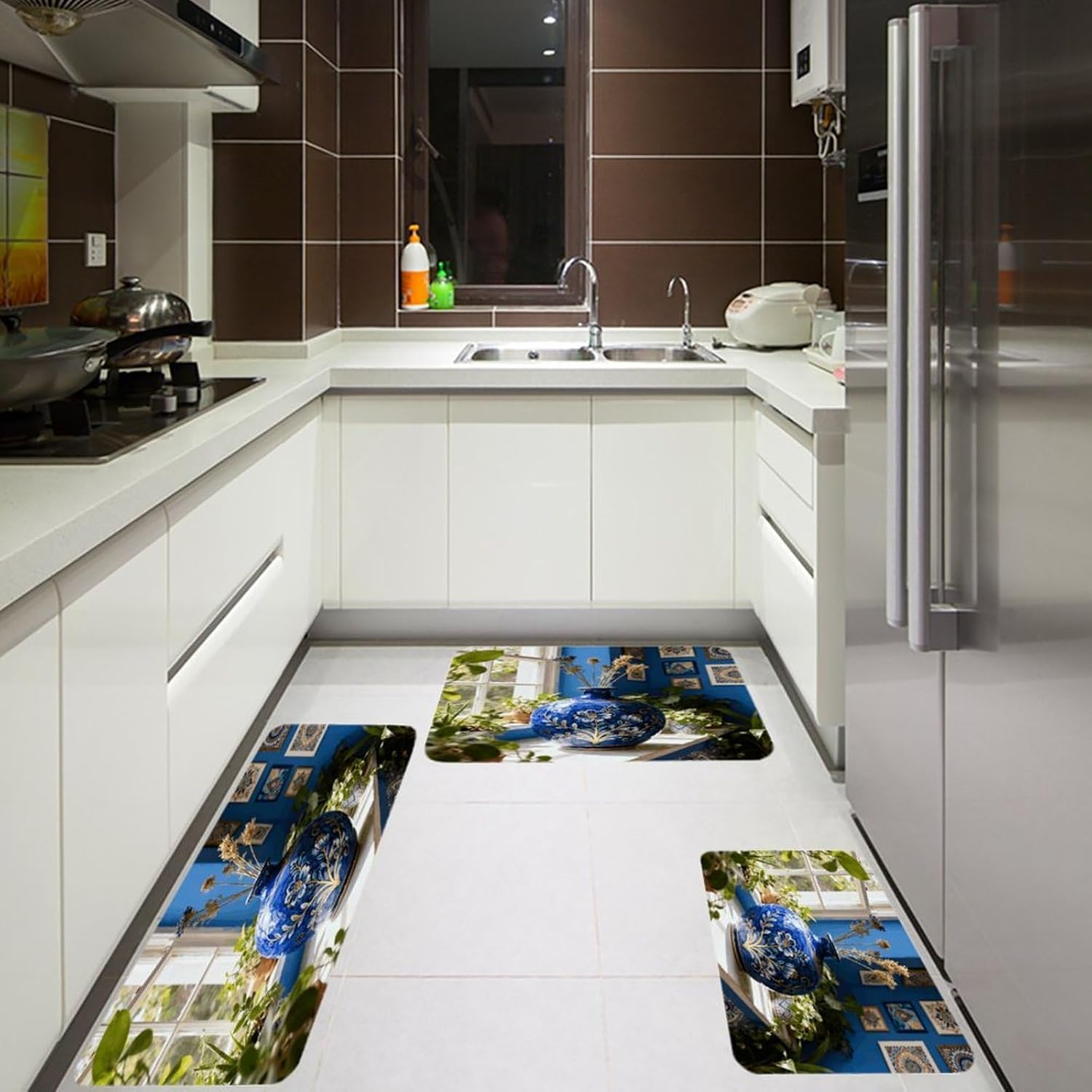 Bohemia Blue Kitchen Rugs Sets of 3 Non Slip Kitchen Mat for Floor Comfort Standing Rug and Mats Thick Cushioned Long Area Carpets for Laundry Room Entryway