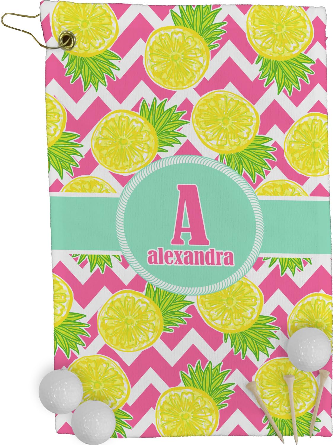 RNK Shops Personalized Pineapples Golf Towel - Poly-Cotton Blend - Small w/Name and Initial