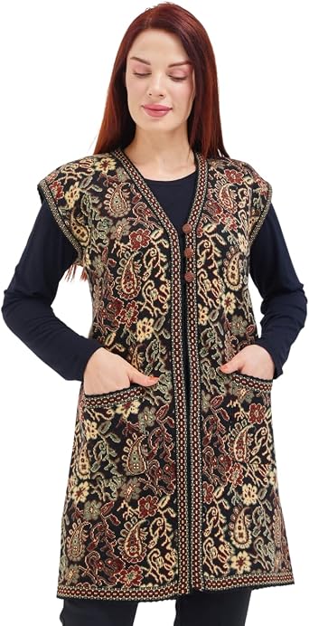 Women's Black Pocket Anatolian Pattern Three Button Long Vest