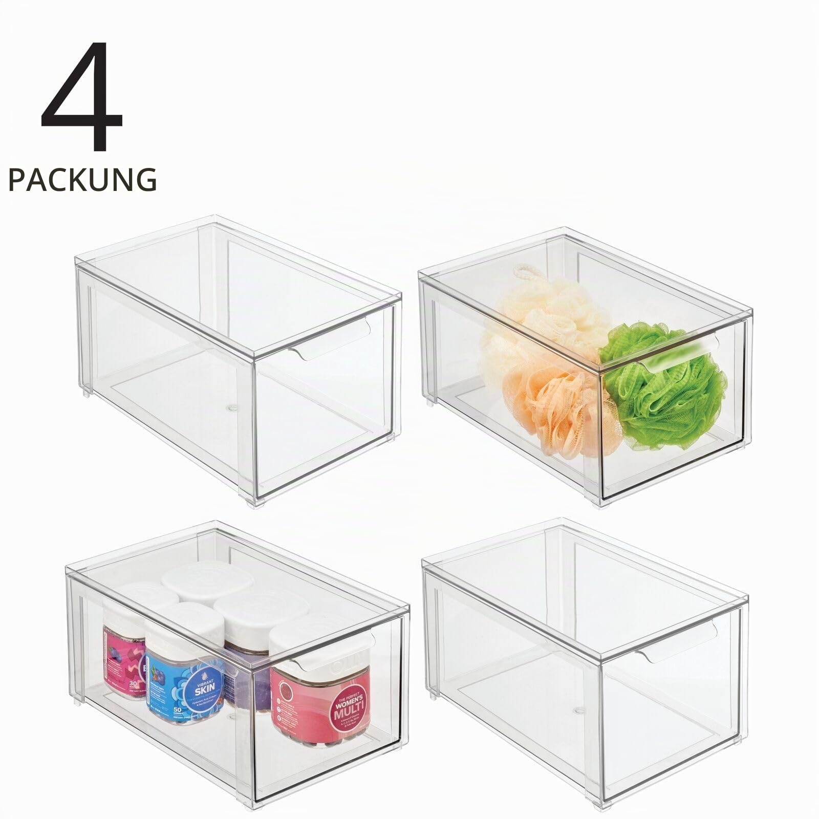 mDesign Aufbewahrungsbox für das Badezimmer – stapelbarer Make-up Organizer aus Kunststoff – praktische Schubladenbox für verschiedene Badartikel – 4er-Set – durchsichtig