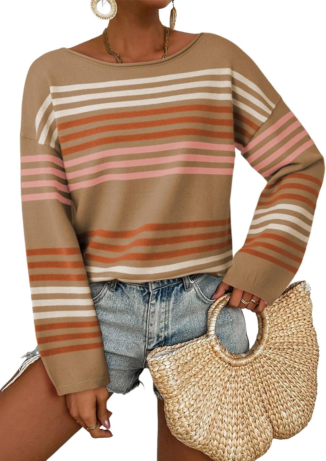 Dokotoo Womens Striped Casual Sweaters 2025 Fall Trendy Loose Fit Knit Pullover Tops