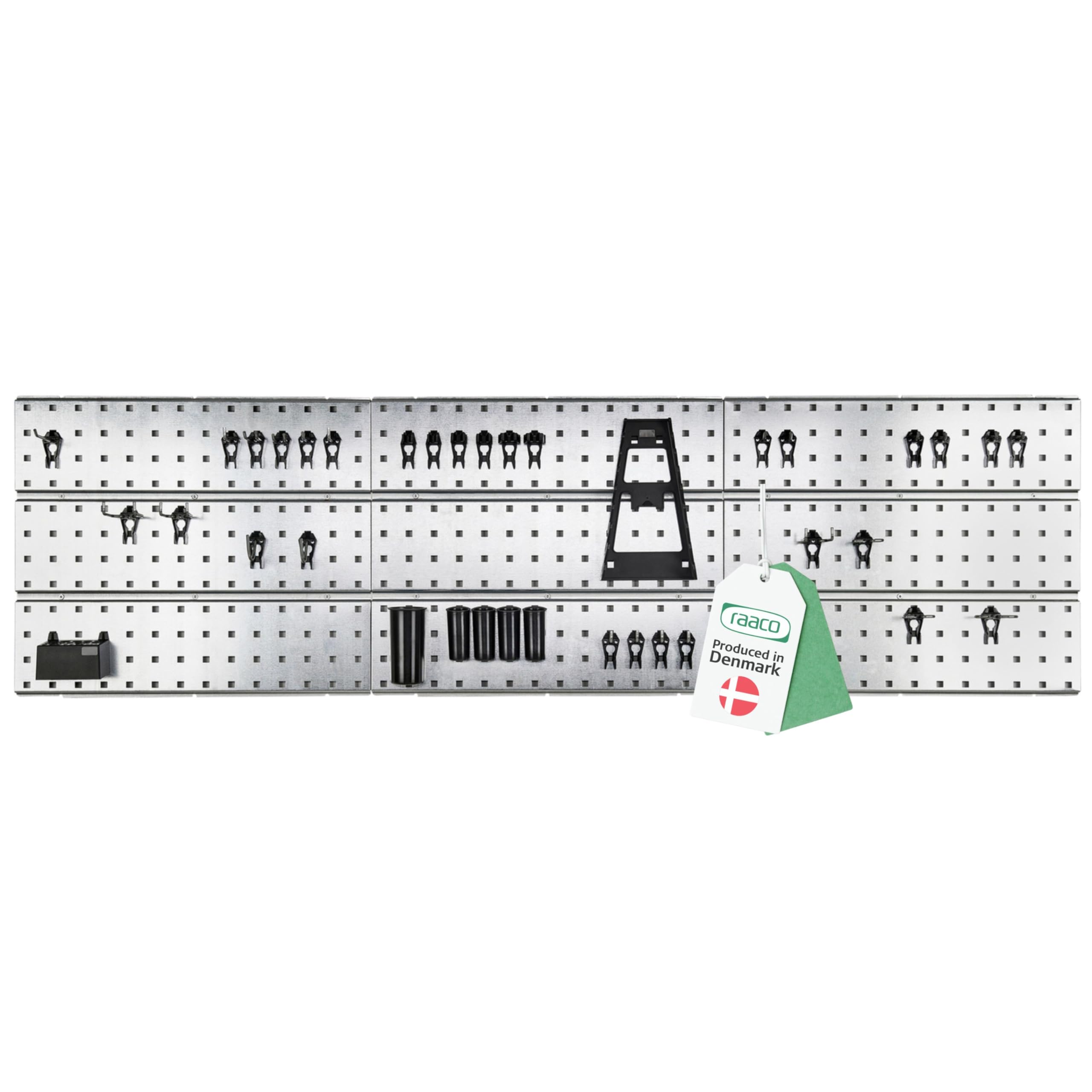 Raaco 3 TWP Set - Parete attrezzata officina in acciaio zincato con 44 SuperClips, pannello forato portautensili 156 x 44 cm, capacità di carico di 225 kg, pannello porta attrezzi da parete