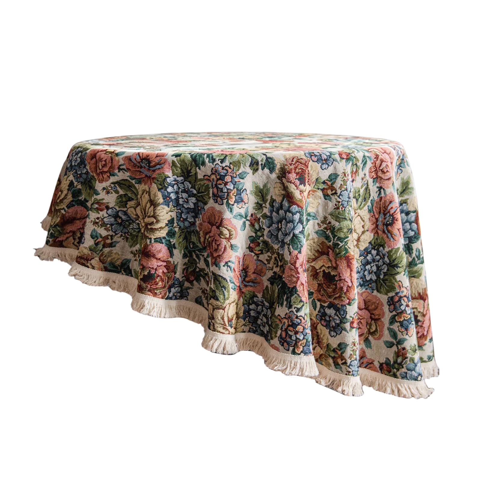 Tsophreniq Romantics Flower Print Polyester Cotton Round Tablecloth with Tassels Trim Dining Table Cover for Dinner Parties Decors Home Dinner Decoration
