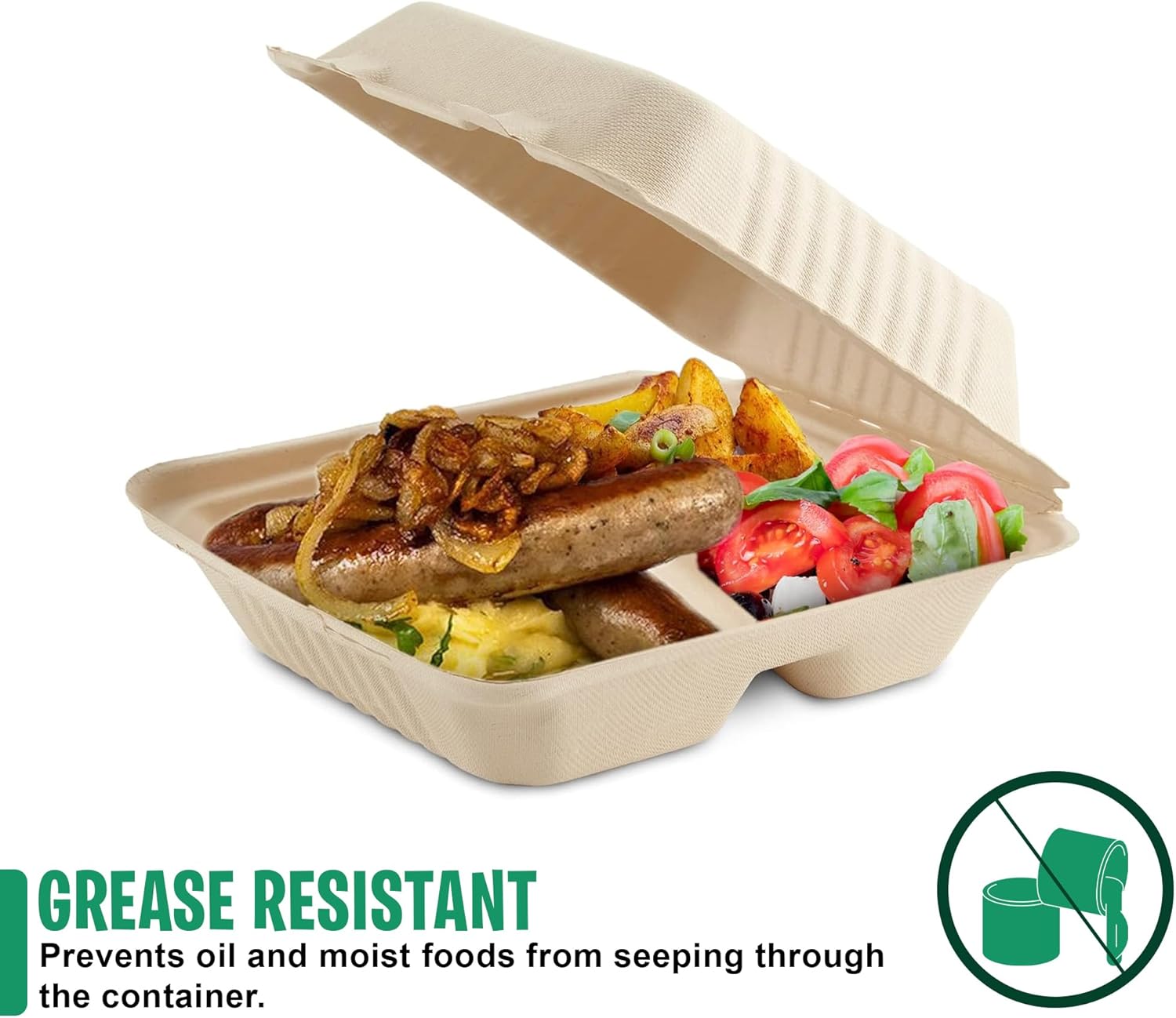 Clamshell Take Out Food Containers [8X8 50-Pack] | Meal Prep Containers with 3 Compartments | 100% Compostable, Microwave & Freezer Safe | To-go Hinged Container Made of Sugarcane Fibers