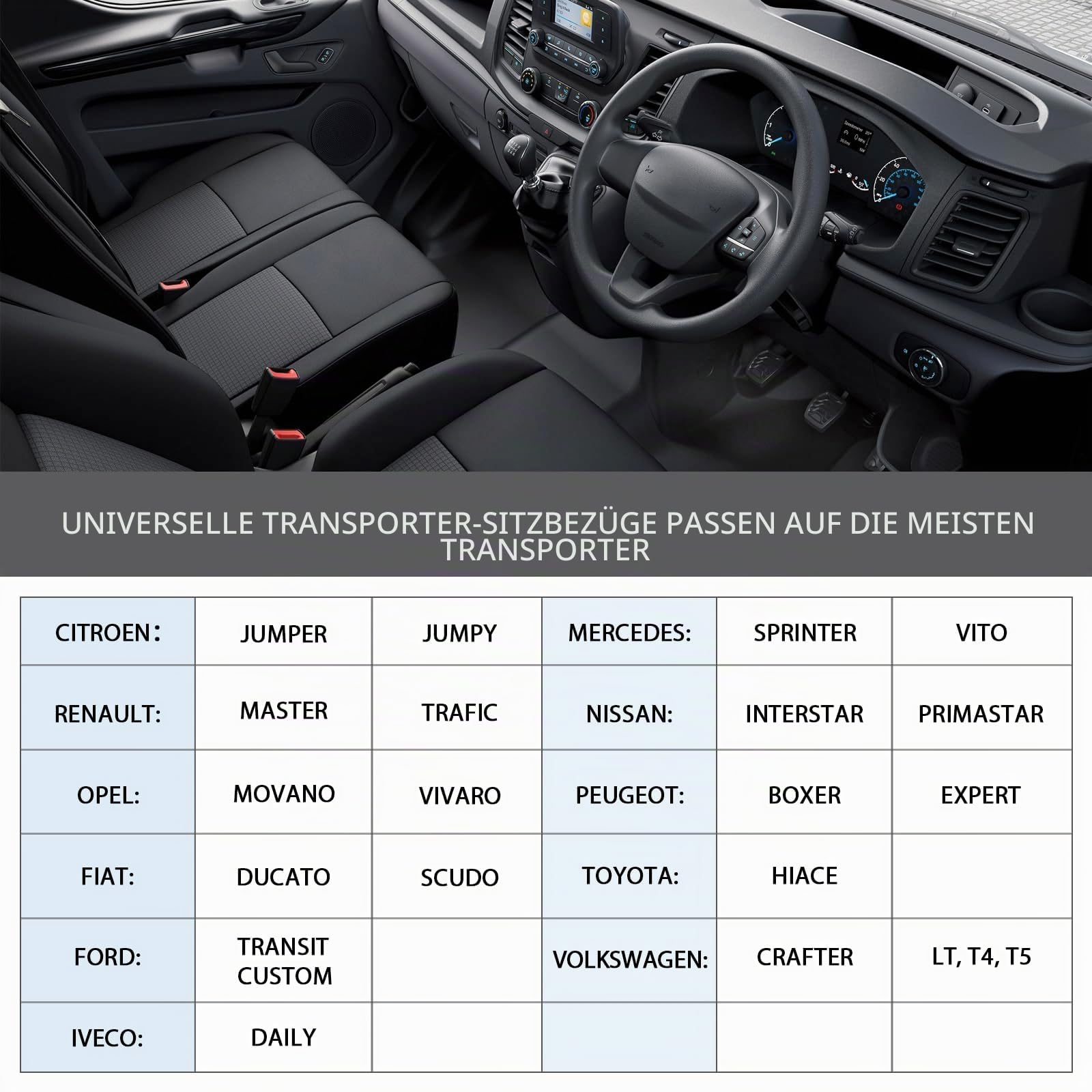 TOYOUN Sitzbezüge Auto für Transporter Vordersitze 2+1 Universal Schonbezüge Sitzschoner Auto für Fahrersitz + 2er Beifahrersitzbank Autositzbezüge Kunstleder Stoff Spleißen, Grau