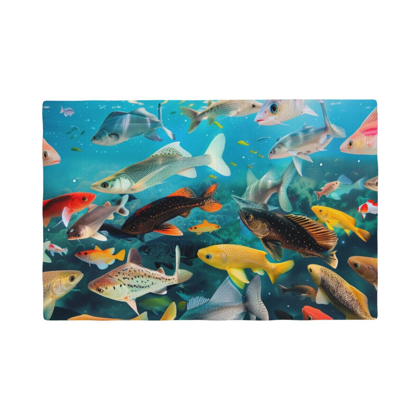 Colorful Fishes Print Placemats Set, Heat Resistant Washable Placemat 12x18in Table Mats for Party Kitchen Dining Table Decoration Indoor Outdoor, Six Piece