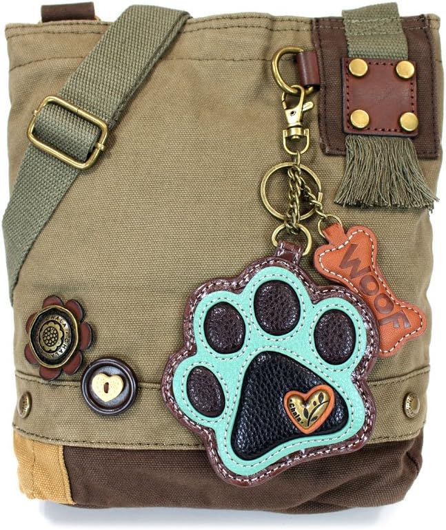 CHALA Patch Cross-Body Women Handbag, Canvas Messenger Bag - Teal Paw Print Olive