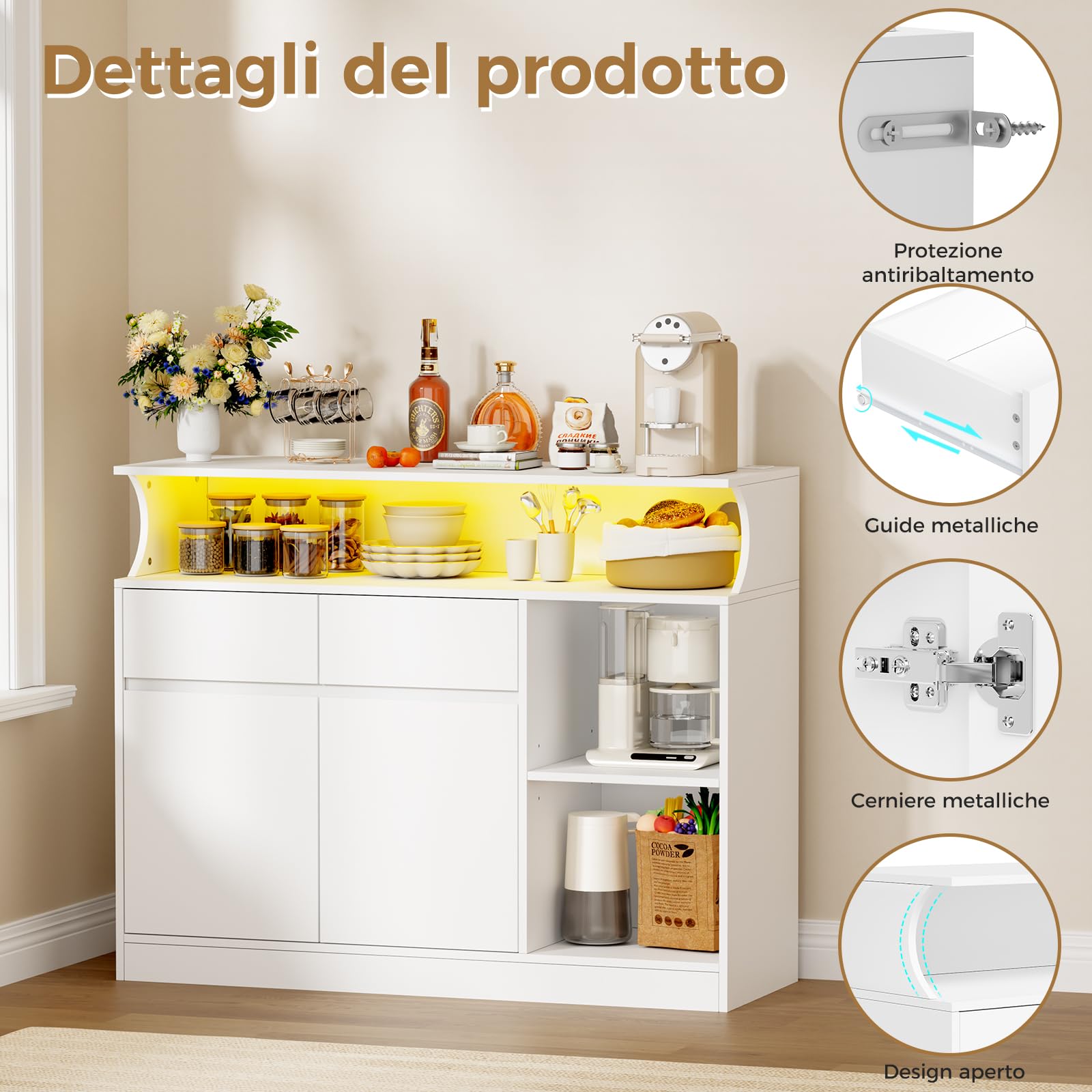 BEWISHOME Credenza cucina, mobile buffet, armadio domestico con multipresa e striscia luminosa a LED, piano di lavoro e 2 cassetti, ripiani regolabili, cucina, soggiorno, 100x80x35 cm, Bianco