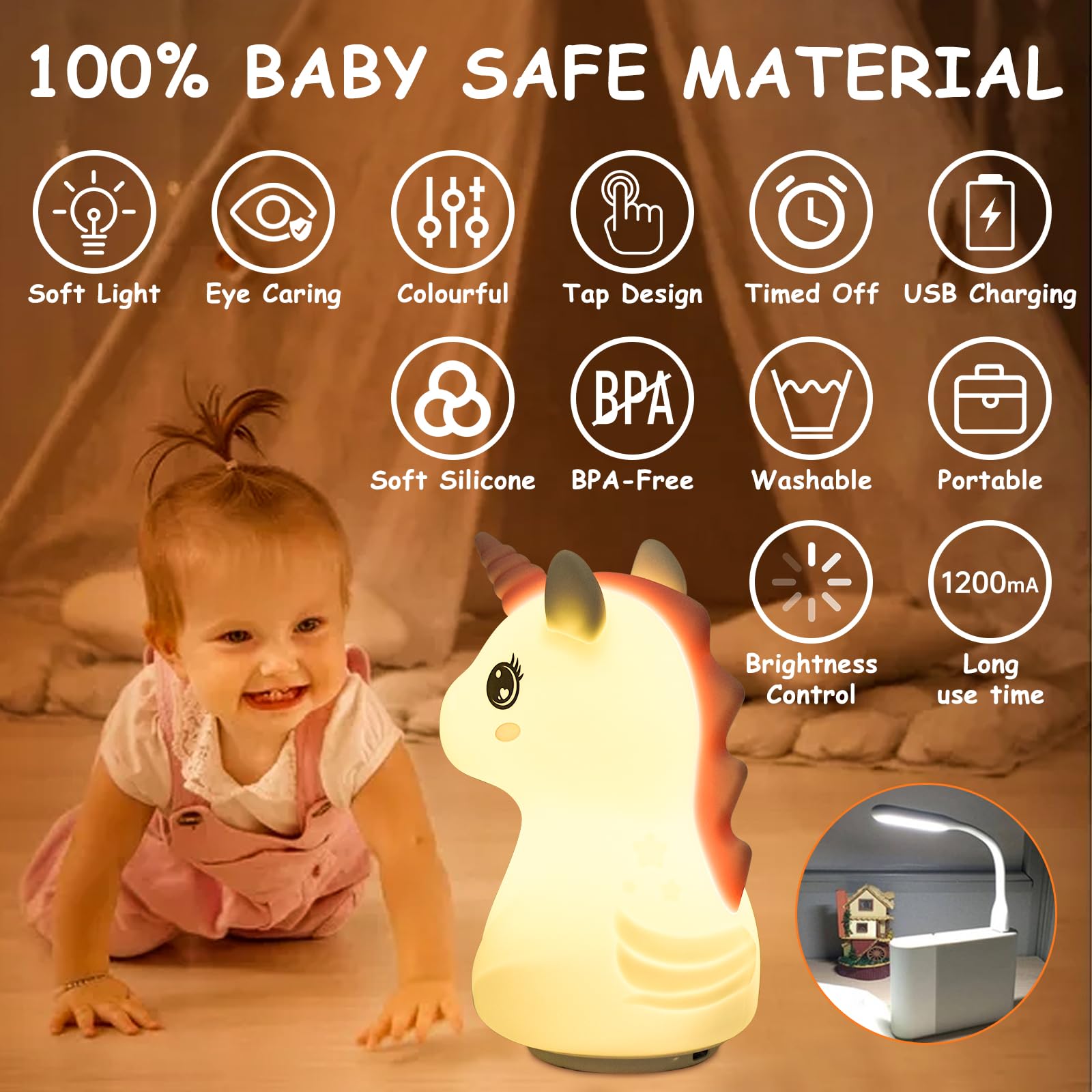 Luce Notturna Bambini, 16 Colori+Dimmerabile+Ricaricabile USB Luce