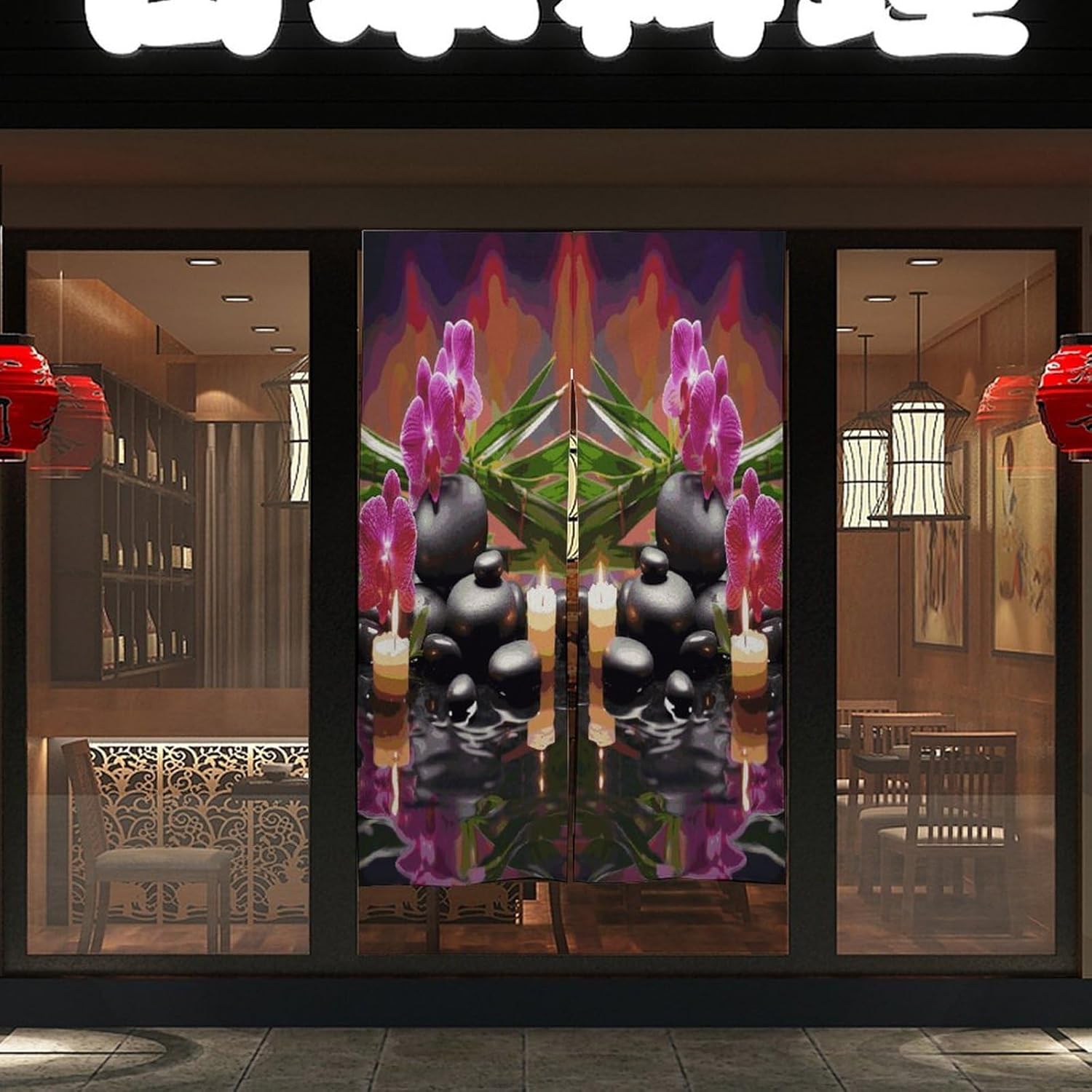 Flowers in Fountain Massage Stones And Bamboo Door Curtain Printed Doorway Noren Japanese Style Doorway Room Divider Curtains for Privacy Partition Divider Kitchen Home Decorations Wall Hanging