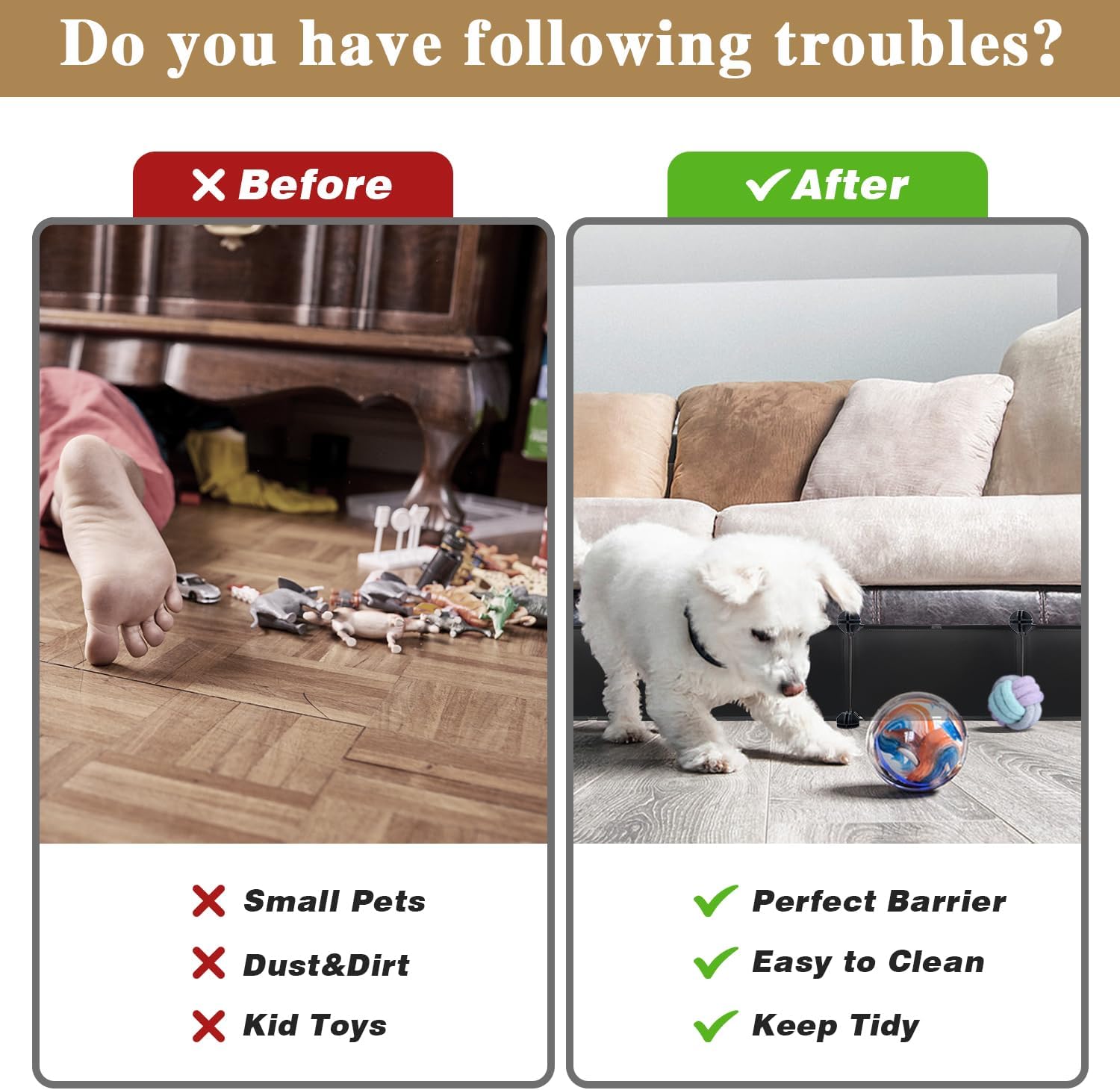 Under Bed Blocker for Pets, Easy to Install 7 Pack Bed Blockers for Under Bed, 83" Under Couch Blocker, Expandable Design, Blocks Dogs Cats & Stops Lost Toys Under Furniture, 12L*6.7" H