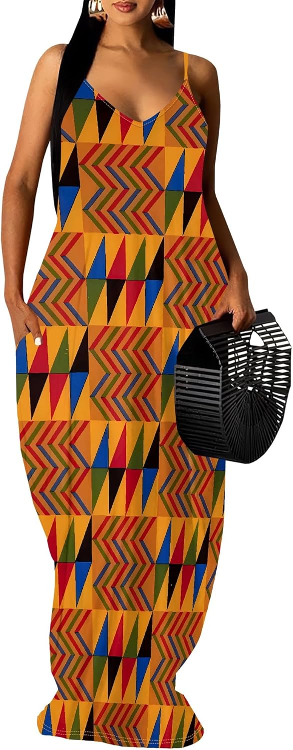 Women's Plus Size Summer Dresses Spaghetti Print Midi Dresses Long Loose Sundresses