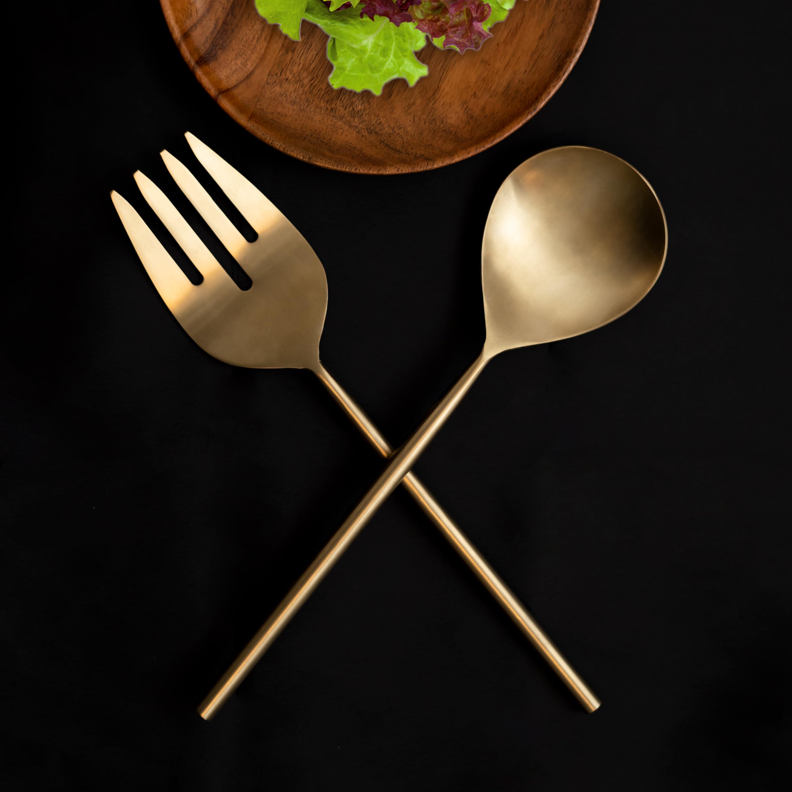 Bello Pack of 2 Salad Spoon and Fork Salad Server Set, Stainless Steel Salad Serving Set, 11 inch, Serving Spoon and Fork Set for Salad, Gravies, Fruits, Soup or Pasta (Gold Matte) 1