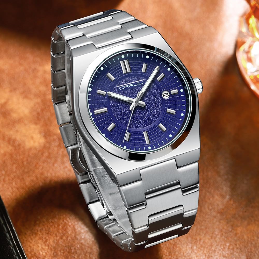 CRRJU Watches for Men,Fashion Luxury Luminous Analog Quartz Wristwatches,Business Man Calendar Watches Silver