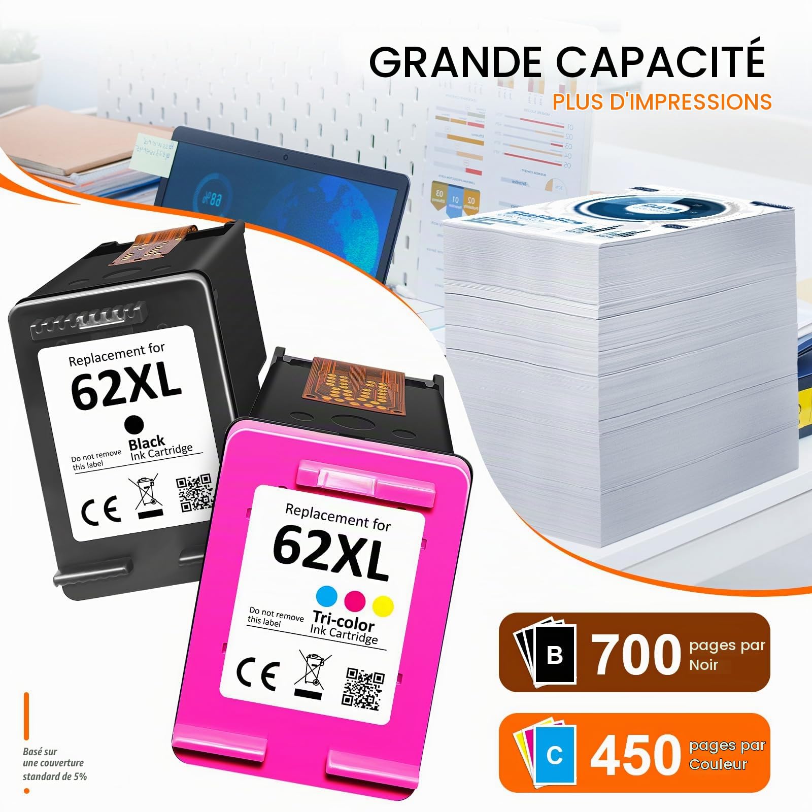62 XL Cartouches d'impression Multipack,62XL Cartouches Noir et Couleur Compatible pour Original Cartouche HP 62 pour Envy 5541 5544 5646 5744 5540 5542 5546 5640 5646 OfficeJet 200 200c 250 250c 5740