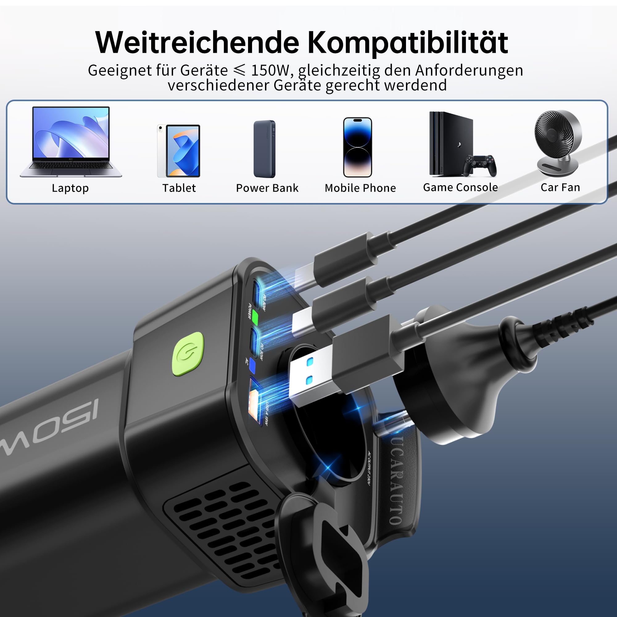 150W Spannungswandler, DC 12V zu 230V AC 5-in-1 Wechselrichter Getränkehalter Konverter mit 10A Zigarettenanzünder Steckdose, 2 USB-C 30W & 1 USB-A 18W Ladeanschlüsse - Schwarz