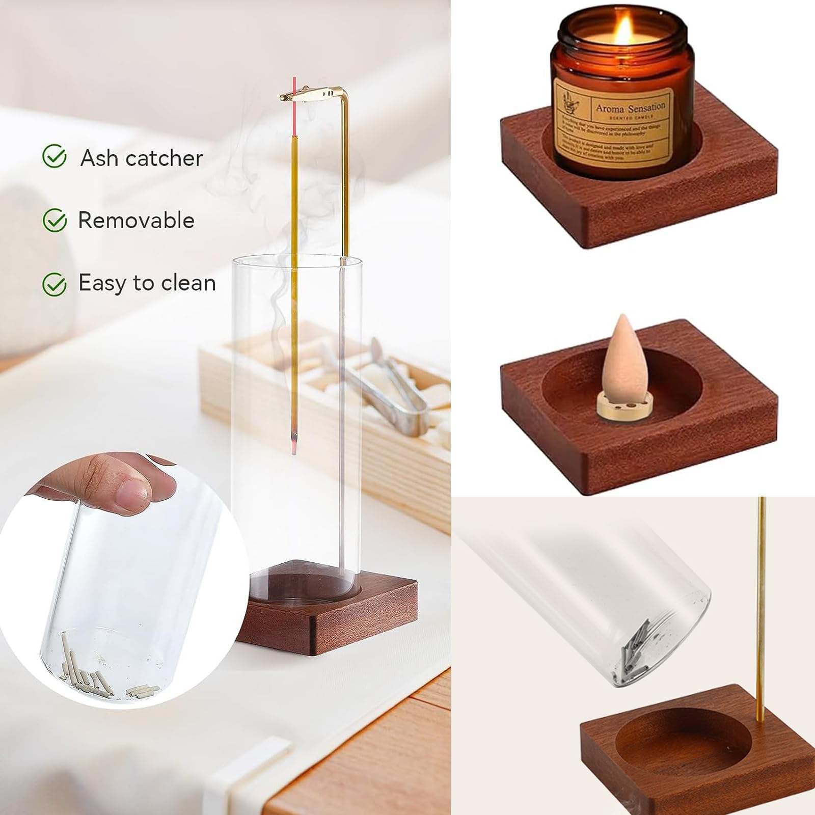 GRAMSTORMAX Porta incenso, porta incenso per bastoncini con raccogli cenere in vetro rimovibile, per meditazione e sala yoga