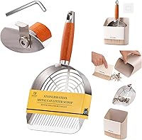 TabifurKitc Stainless Steel Cat Litter Scoop Set with Holder, Broom & Dustpan - Durable Dual Holes, Rust-Proof for Clumping Litter