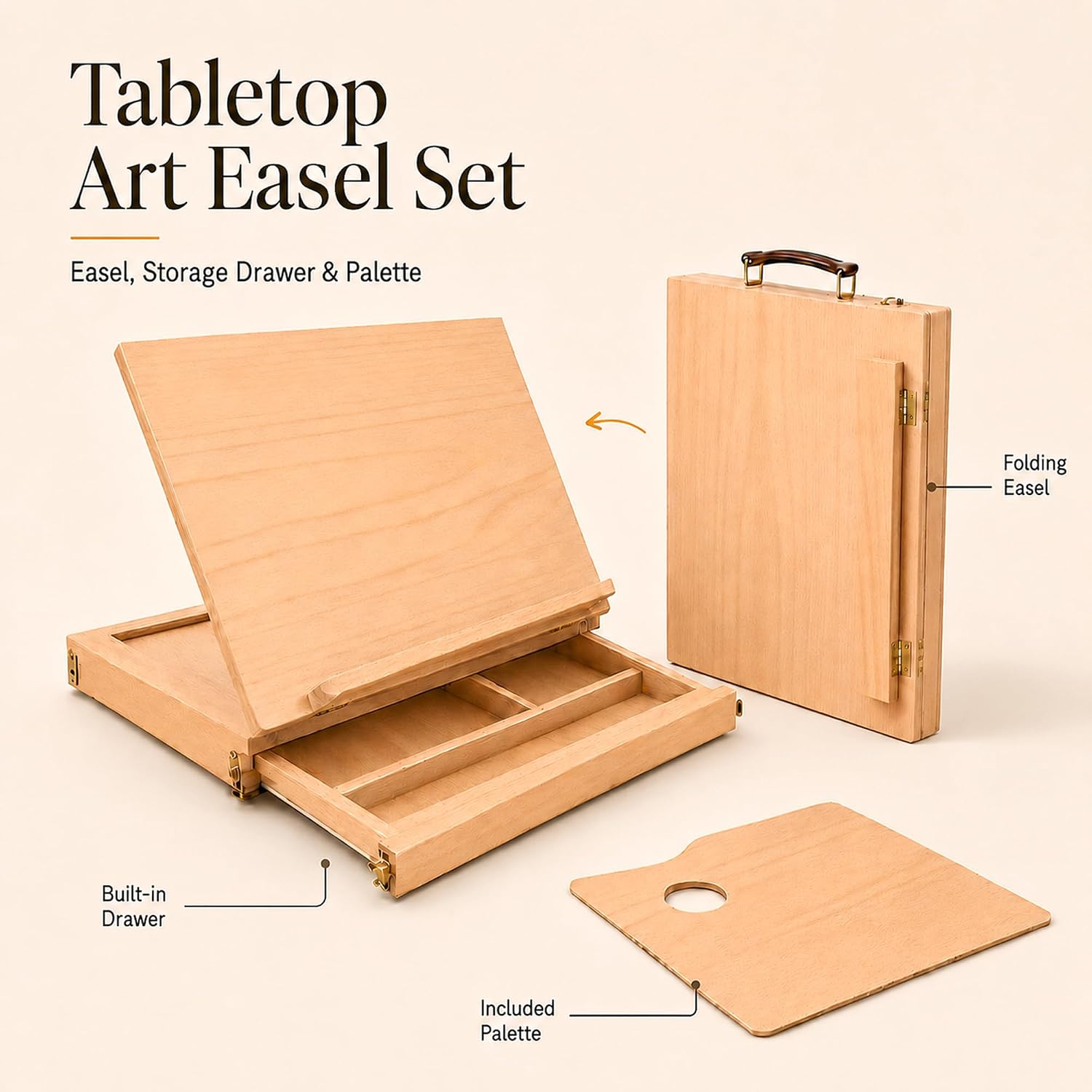 Tabletop Easel with Storage Drawer, Portable Folding Beech Wood Art Easel with Palette, for Painting Beginners Practicing Sketching, Watercolor and Acrylic
