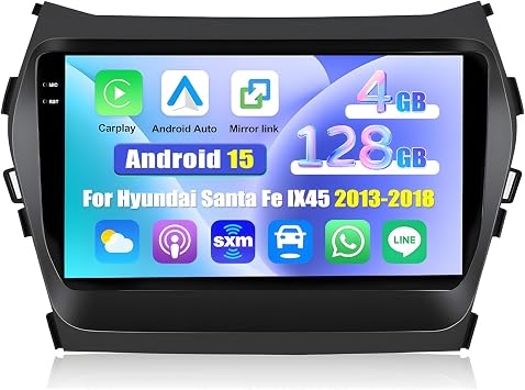 [4G+128G] Android 15 Car Radio Compatible with, Hyundai Santa Fe IX45 2013-2018 Wireless CarPlay & Android Auto, 9 Inch in-Cell Touchscreen, SWC, Bluetooth, Navigation/WiFi, FM/RDS, Backup Cam