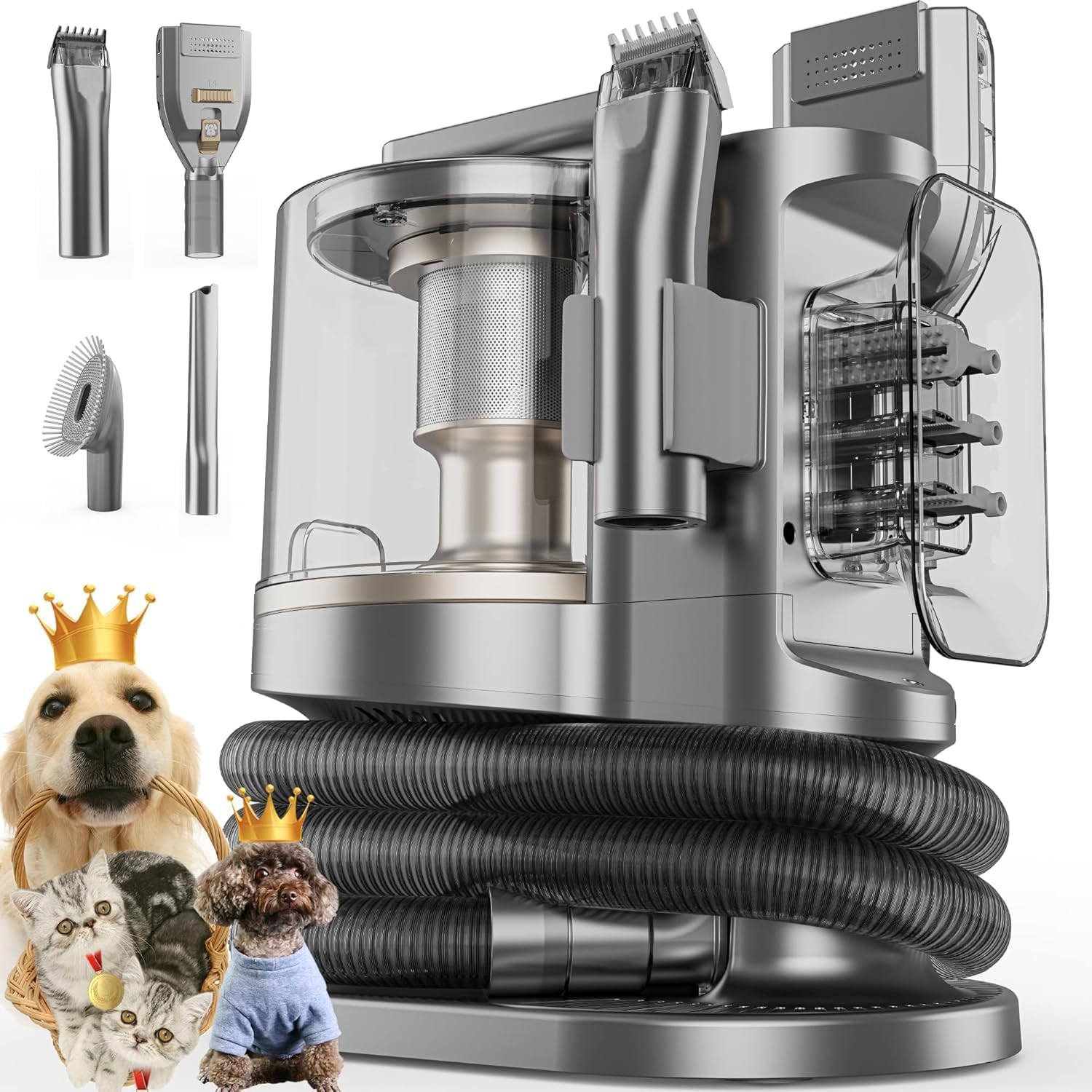 Pet Grooming Kit with 3.4L Oversized Vacuum Suction - 99% Pet Hair Removal - Professional Dog Clippers & Shedding Tools for Cats, Teddy, Poodle, Golden Retrievers (Metallic Silver)
