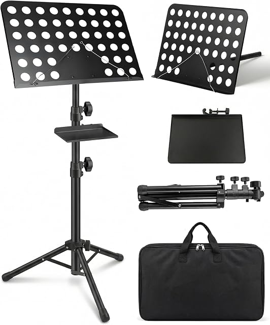 Support de partition portable avec sac de transport, support de musique pliable en métal avec 25mm Pole épaissé, Music Stand pour adultes, piano, guitare & Violon