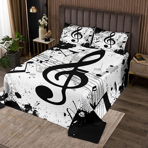 Colcha de notas musicales, juego de ropa de cama de música pop para niños, juego de ropa de cama de tinta de teñido anudado en blanco y negro para