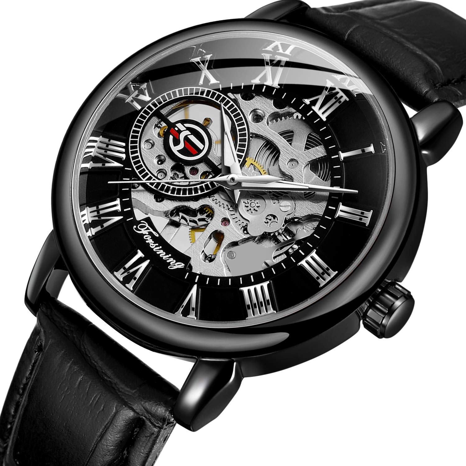 FORSINING Orologio da polso da uomo con cassa in lega di alta qualità, movimento meccanico, stile antico, alla, Nero e argento., Meccanico