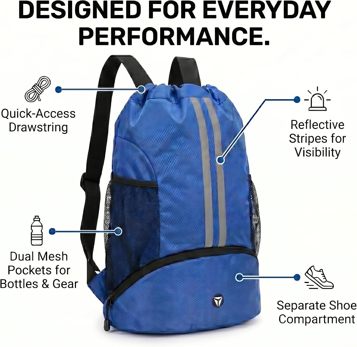 Thorza Drawstring Backpack, Water-Repellent with Shoe Compartment - Reflective Strips, 2 Mesh Side Pockets, Lightweight & Durable Men Gym Bag, Adjustable Straps - Cyanine Blue