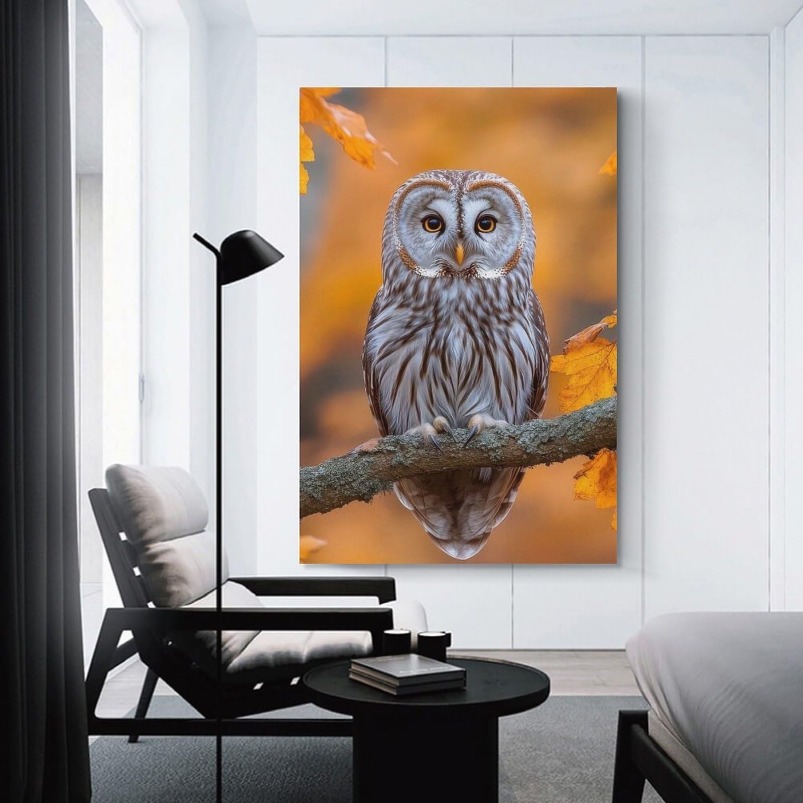 Junmoney Wall Picture Print Owl Perched on Branch in Autumn, 24x36inch(60x90cm), for Feature Walls in Flats Or Modern Rooms, An Easy Match for Collected Prints