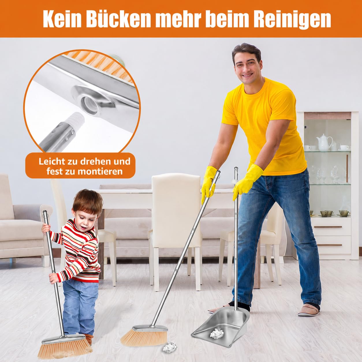 Besen und Kehrschaufel Set mit Langem Stiel 118cm Edelstahl Kehrmaschine und Kehrschaufel Außenbereich Aufrechter Schaufel und Besen Set für die Reinigung zu Hause Büro Veranda Terrasse (Quadrat)