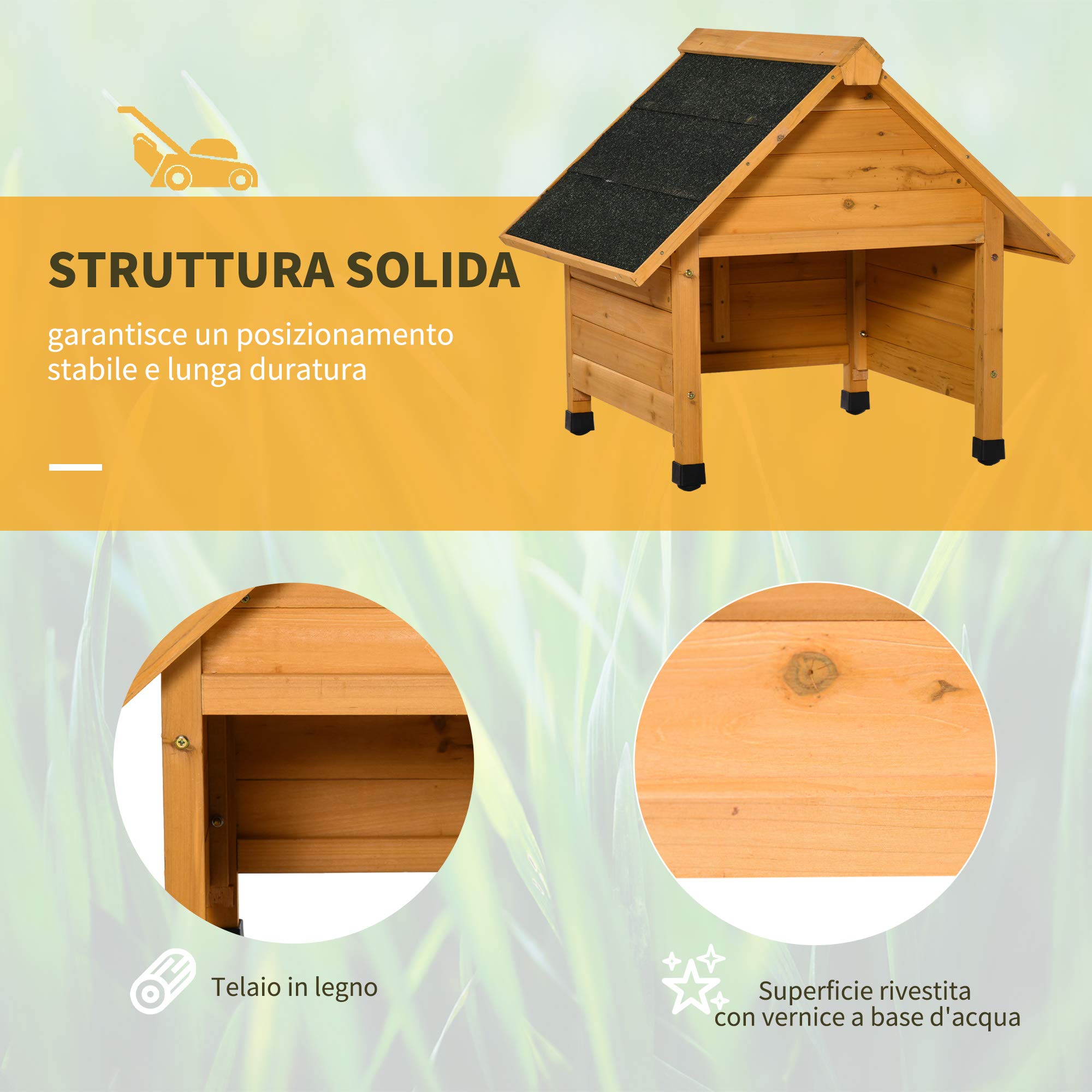 Outsunny Casetta per Robot Tagliaerba in Legno con Piedini Rialzati Tetto Inclinato Impermeabile e anti-UV, Giallo, 75x76x70cm