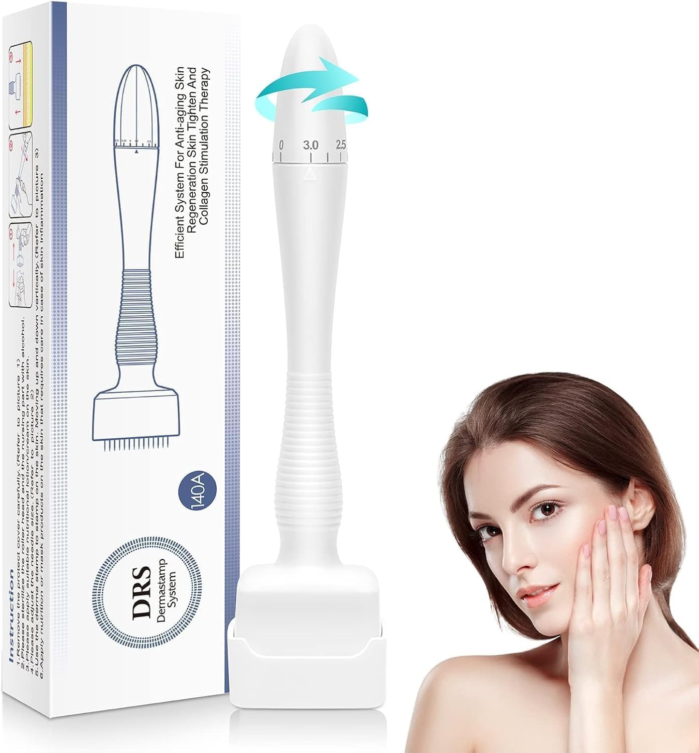 Fidrox Premium Derma Stamp 140 Titanium Adjustable Microneedling Derma Stamp - Microneedle Derma Roller for Face Body Hair Beard Growth, Derma Pen Skin Care Tool for Men and Women Home Use