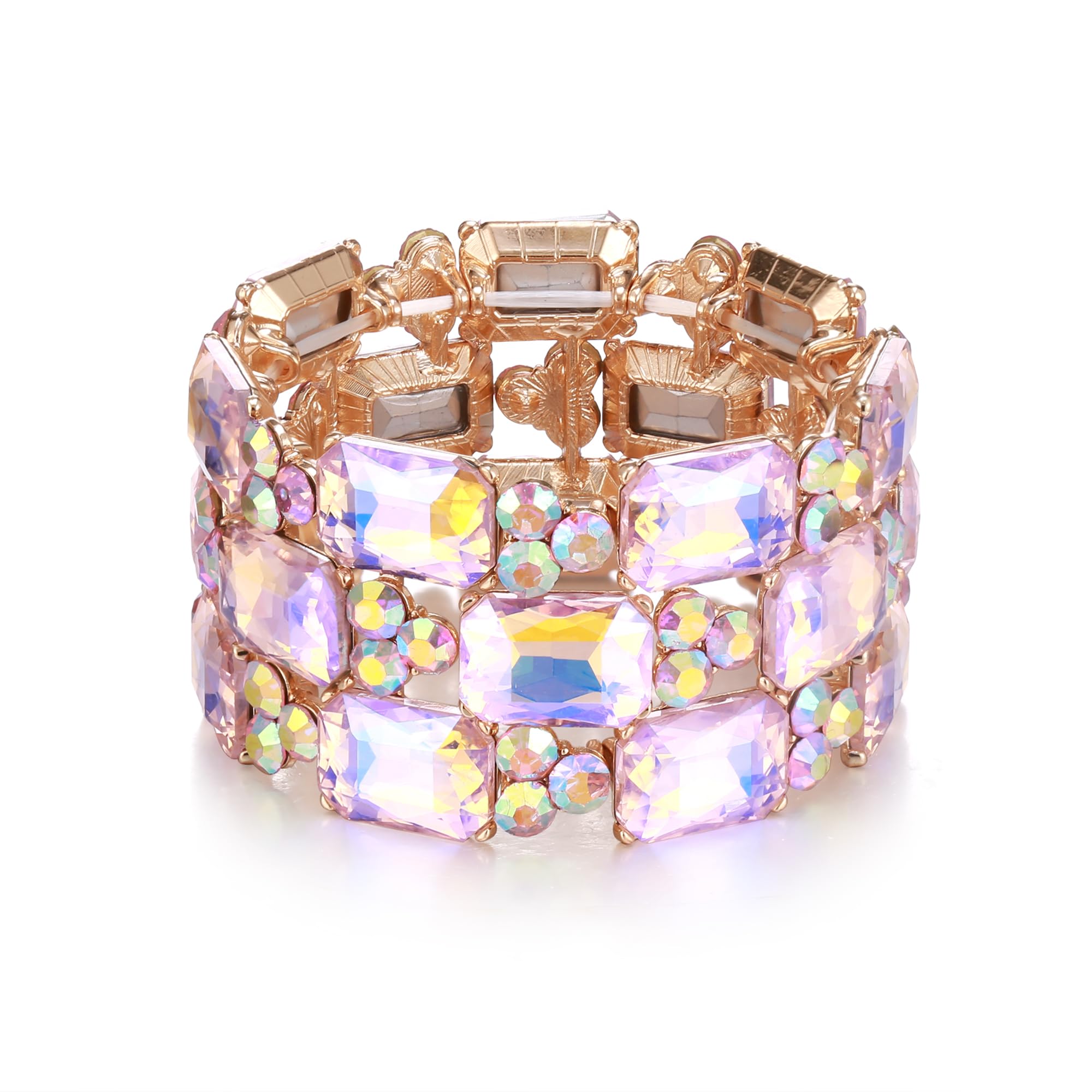 EVER FAITH Wedding Prom Bracelets for Women, Radiant Cut Austrian Rhinestones Crystal 3 Layers Elastic Stretch Wide Bracelet Jewelry for Brides