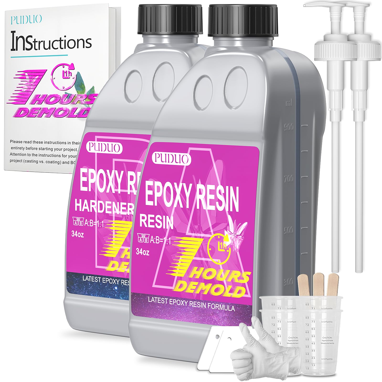 Sponsored Ad - Puduo Fast Cure Epoxy Resin 68OZ, 1 Hour Quick Demold Epoxy Resin Kit, Crystal Clear, Strong, Anti-Yellowing Art Resin, Suitable for Casting, DIY, Resin Art, Molds, Jewelry, Easy to Mix 1:1 Ratio