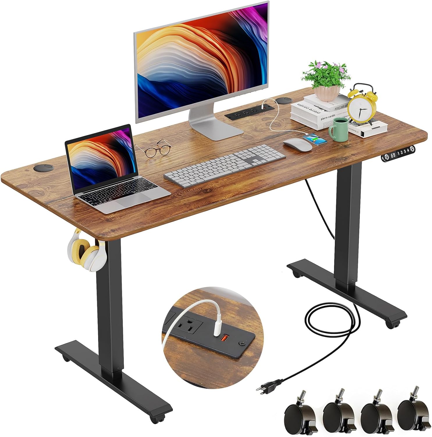 farexon 48 x 24 inch Standing Desk Electric Adjustable Height with Charging Station, Stand up Desk with Ergonomic Workstation, Preset Heights Home Office Gaming Computer Workstations Table(Brown)