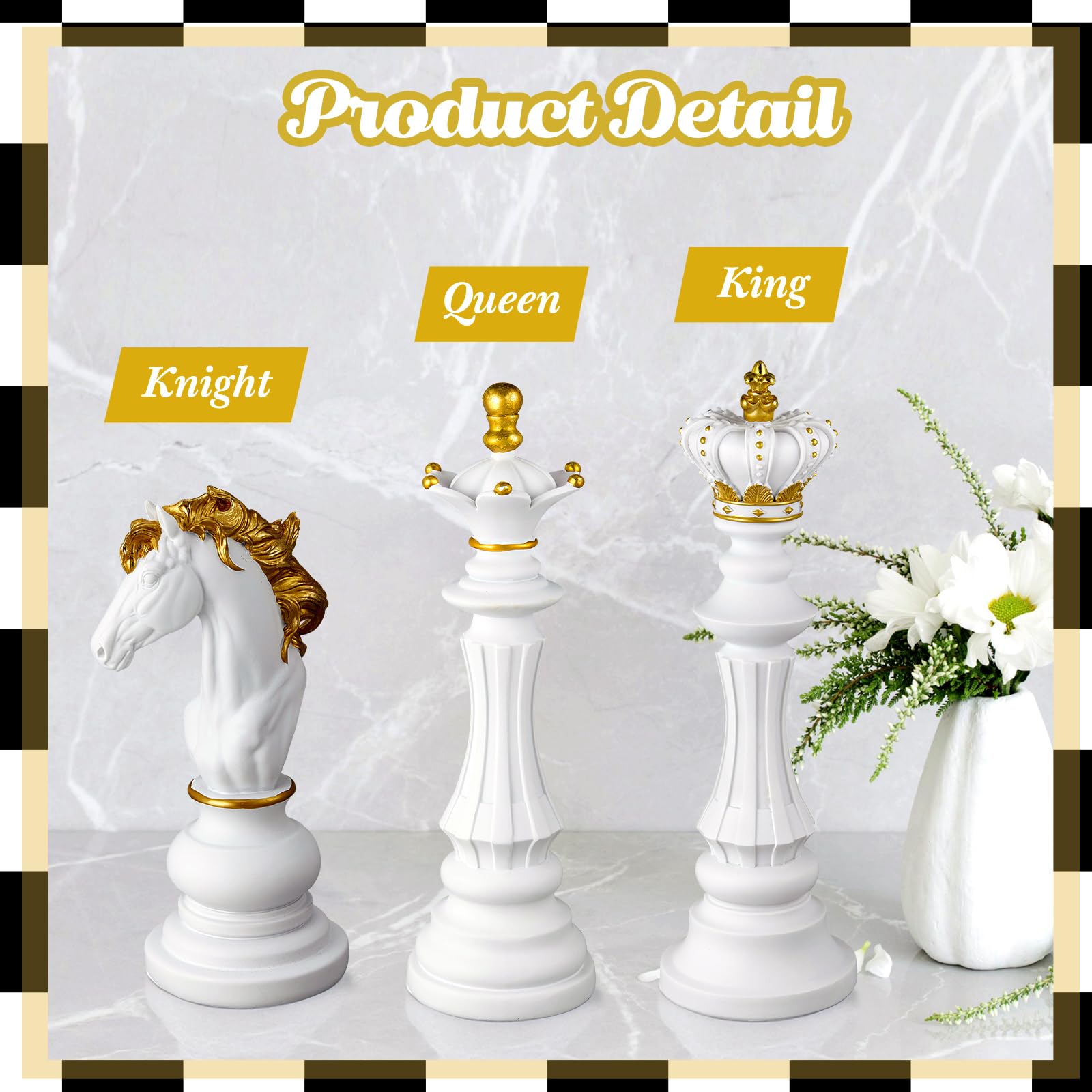 3-teiliges großes Schachfiguren-Dekor-Set, 26,7 cm, 37,7 cm, Königin, Ritter, Schachfigur, Ornament, Geschenk für Zuhause, Büro, Schreibtisch, Tisch, Schrank (weiß)