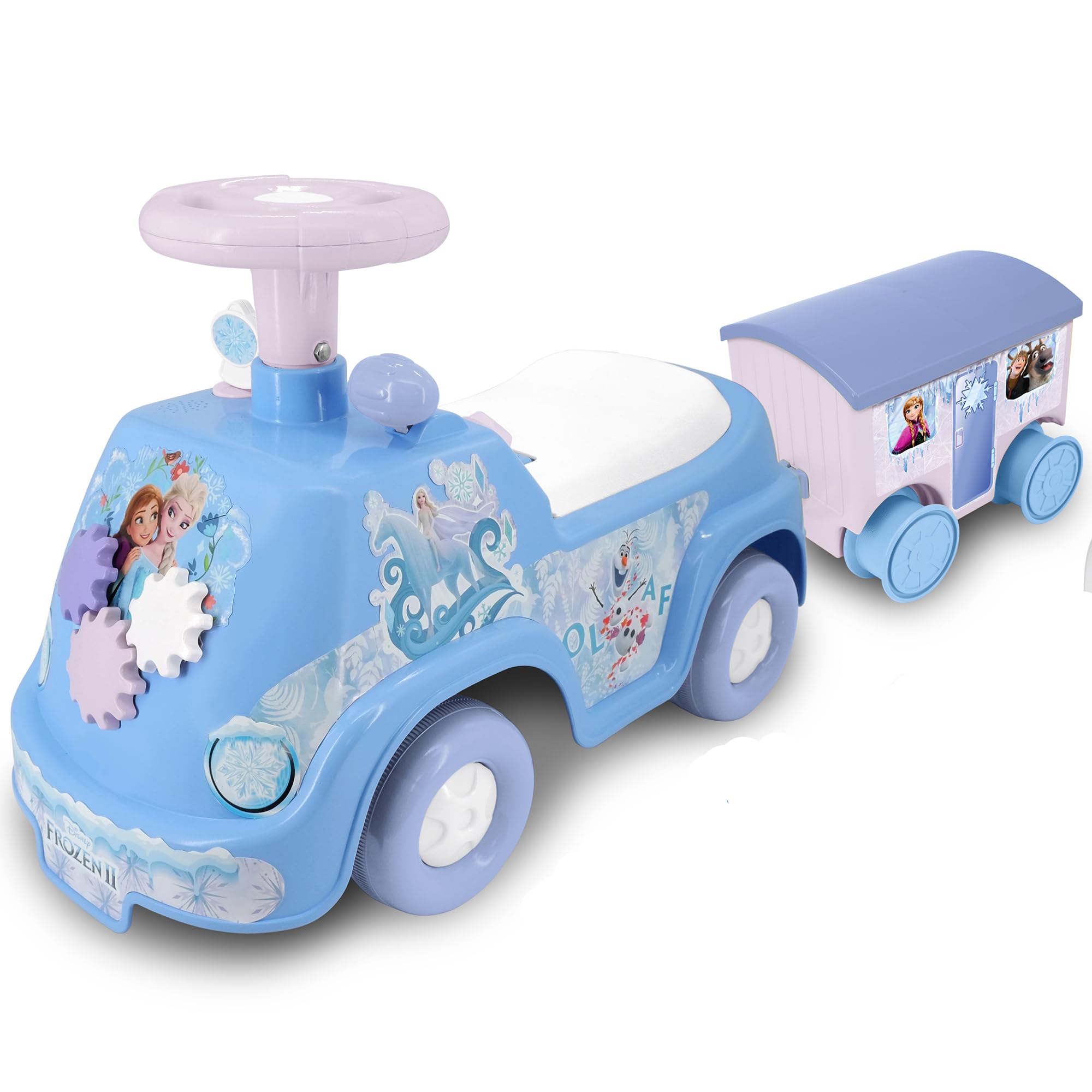 Kiddieland: Lights N' Sounds Camper & Trailer - Frozen - Disney Fuß-zu-Boden-Ride-On, interaktives Armaturenbrett, Aufbewahrung, Strandspielzeug, Kleinkinder 12-36mo