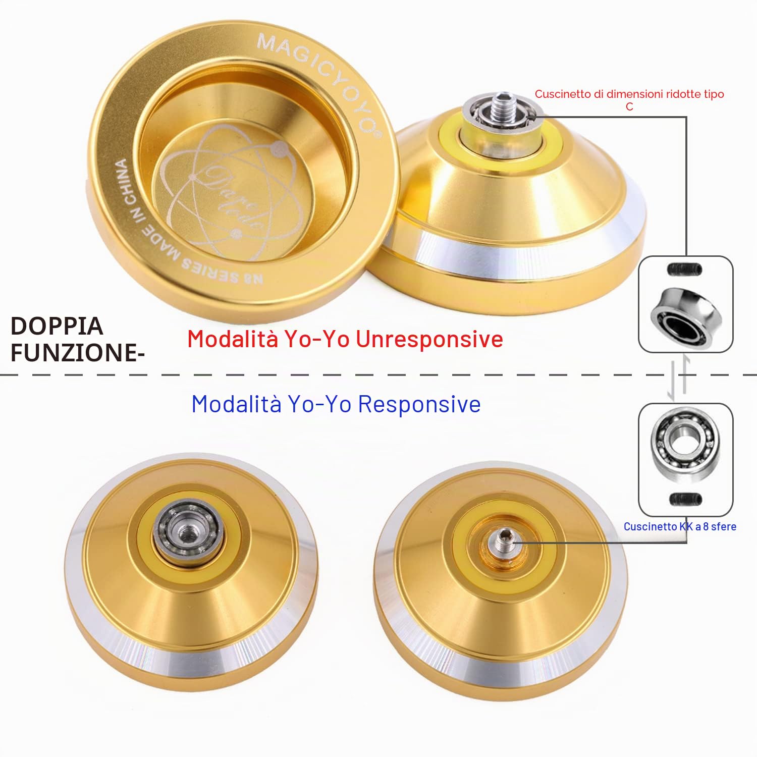 MAGICYOYO N8 Yoyos Pro Yoyo Responsivo e Unresponsivo Yo-yo per Bambini, Adolescenti e Adulti, Principianti a Avanzati, Yo Yo in Metallo con Ruota Libera+12 Corde per Yo-yos+Borsa+ Rimuovi, Dorato